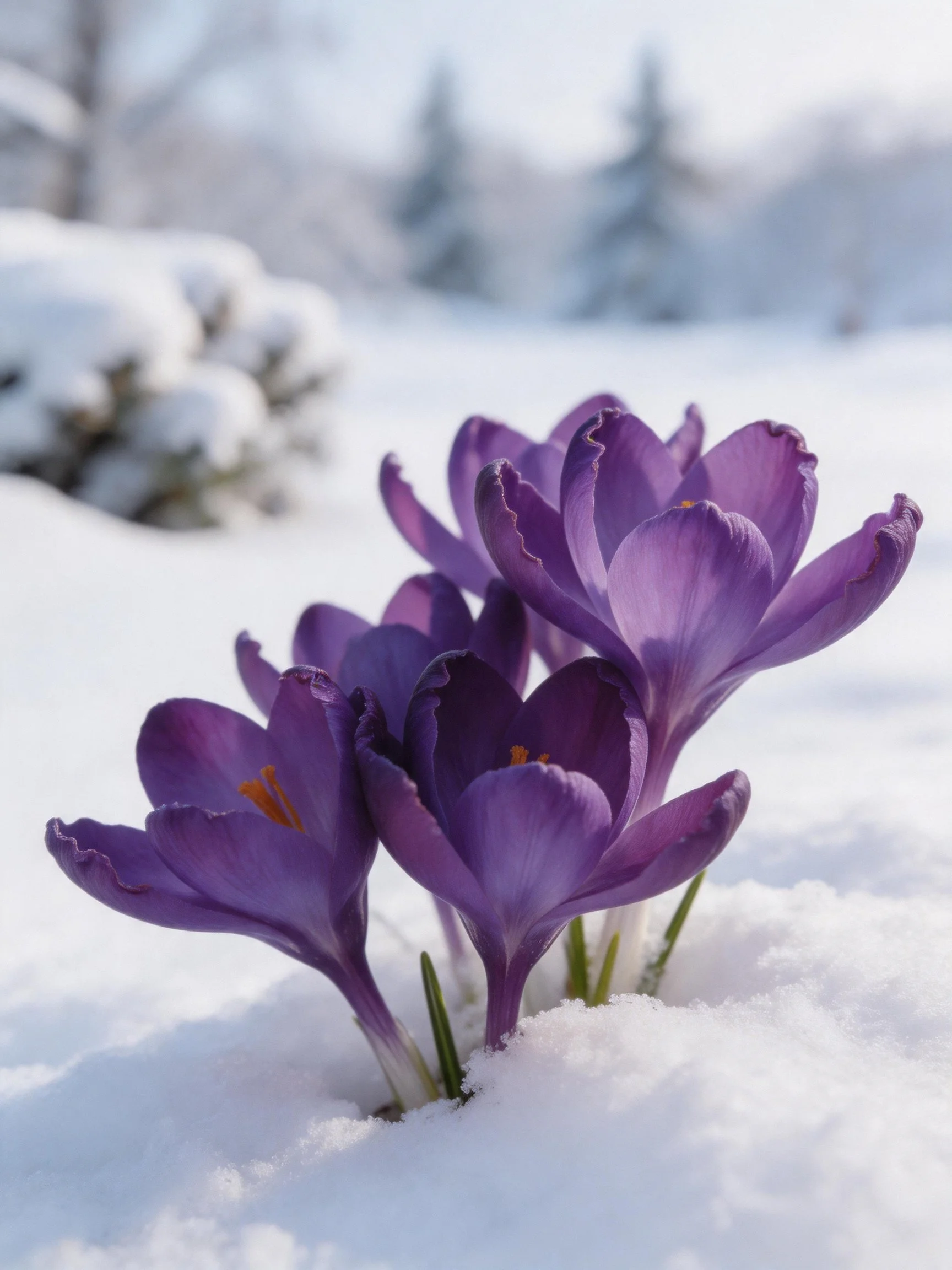 Purple crocuses bloom through fresh white snow