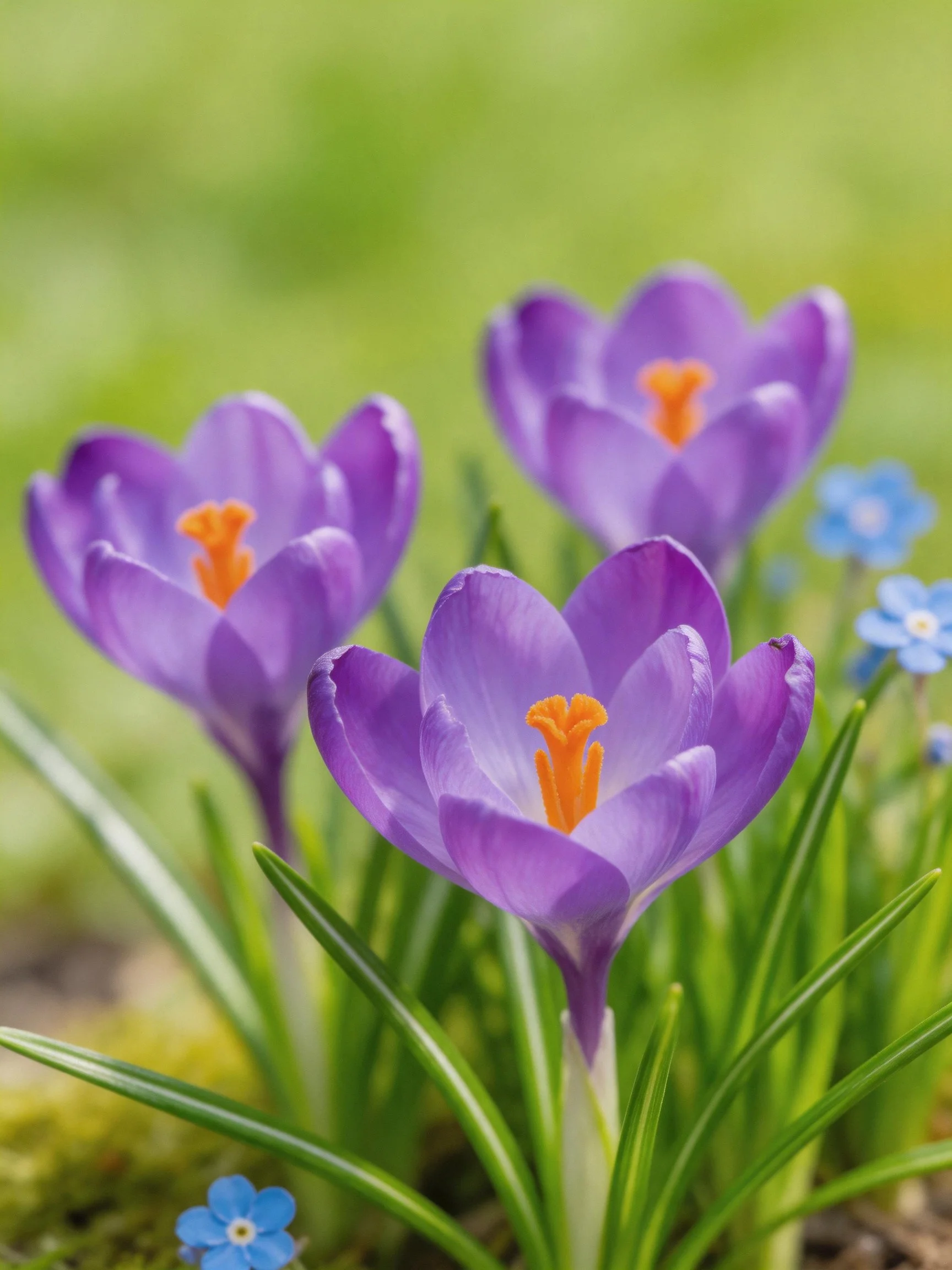 Purple crocuses with orange centers among green foliage and small blue flowers