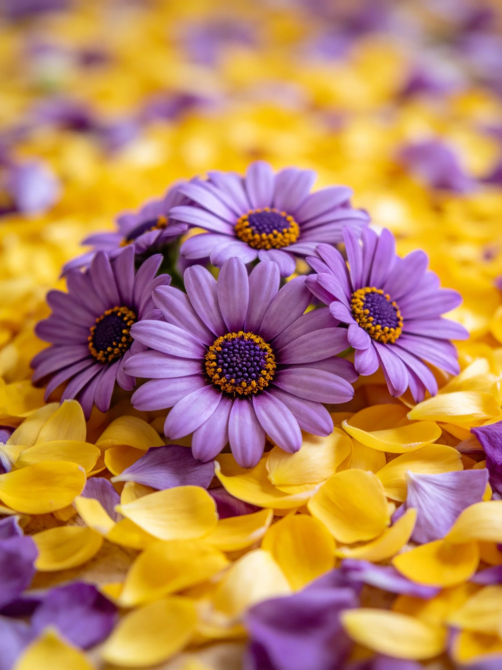 Purple daisies clustered among yellow and purple scattered petals