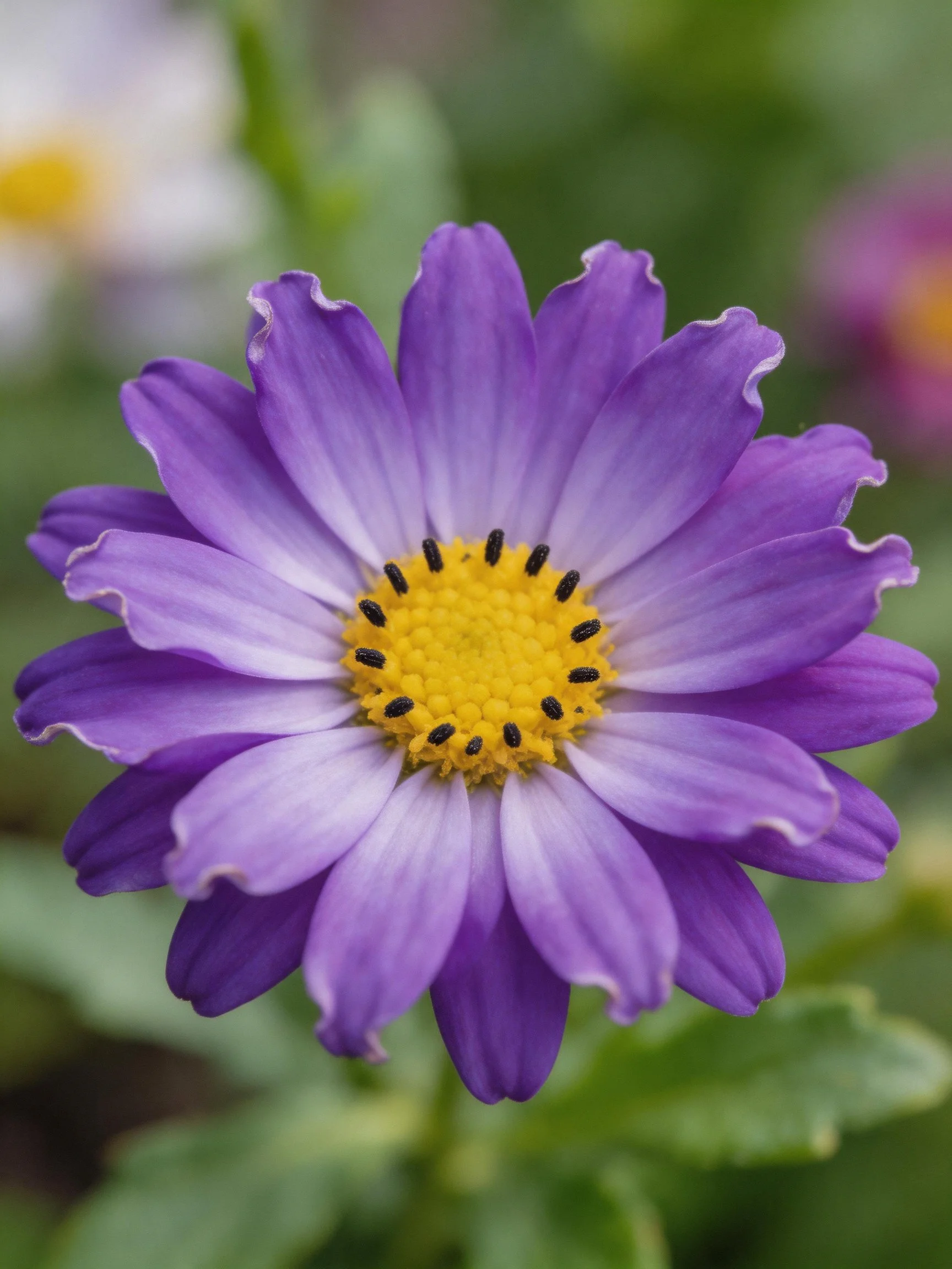Purple daisy with layered petals and bright yellow center