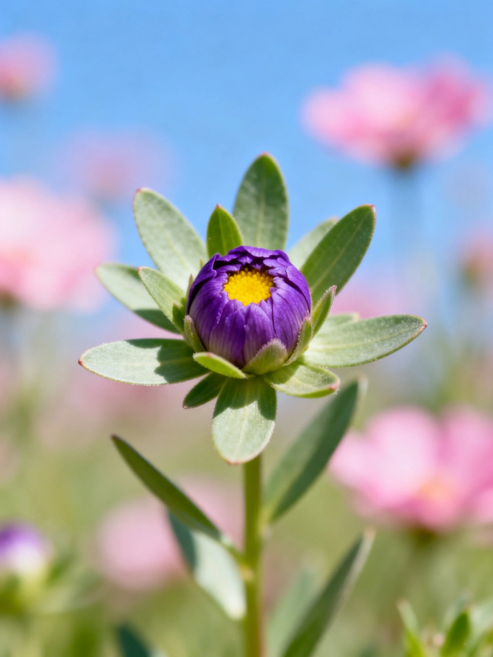 Purple flower bud with green leaves, yellow center, pink blooms backdrop