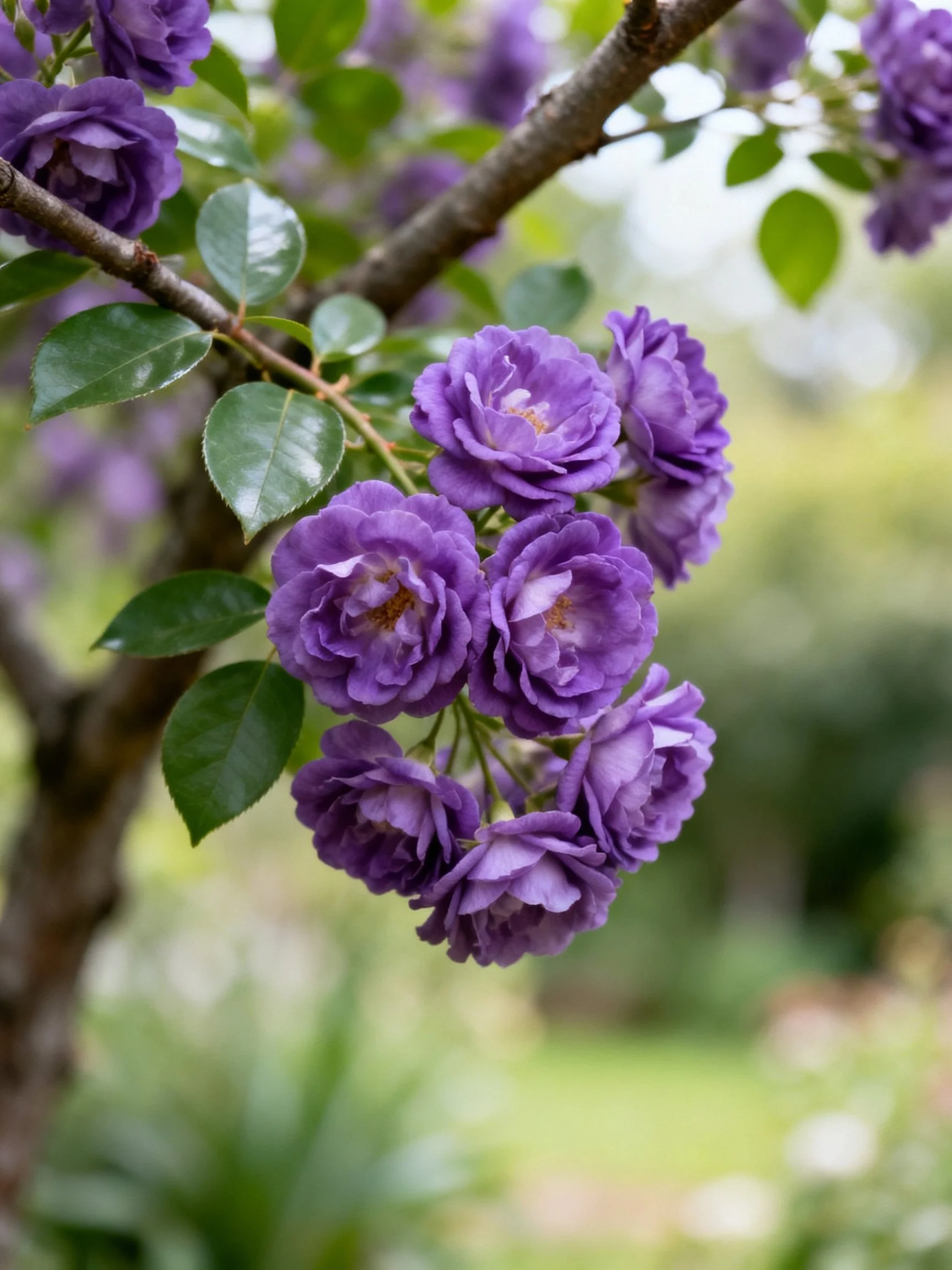 Purple flower clusters bloom on a tree branch with glossy green leaves