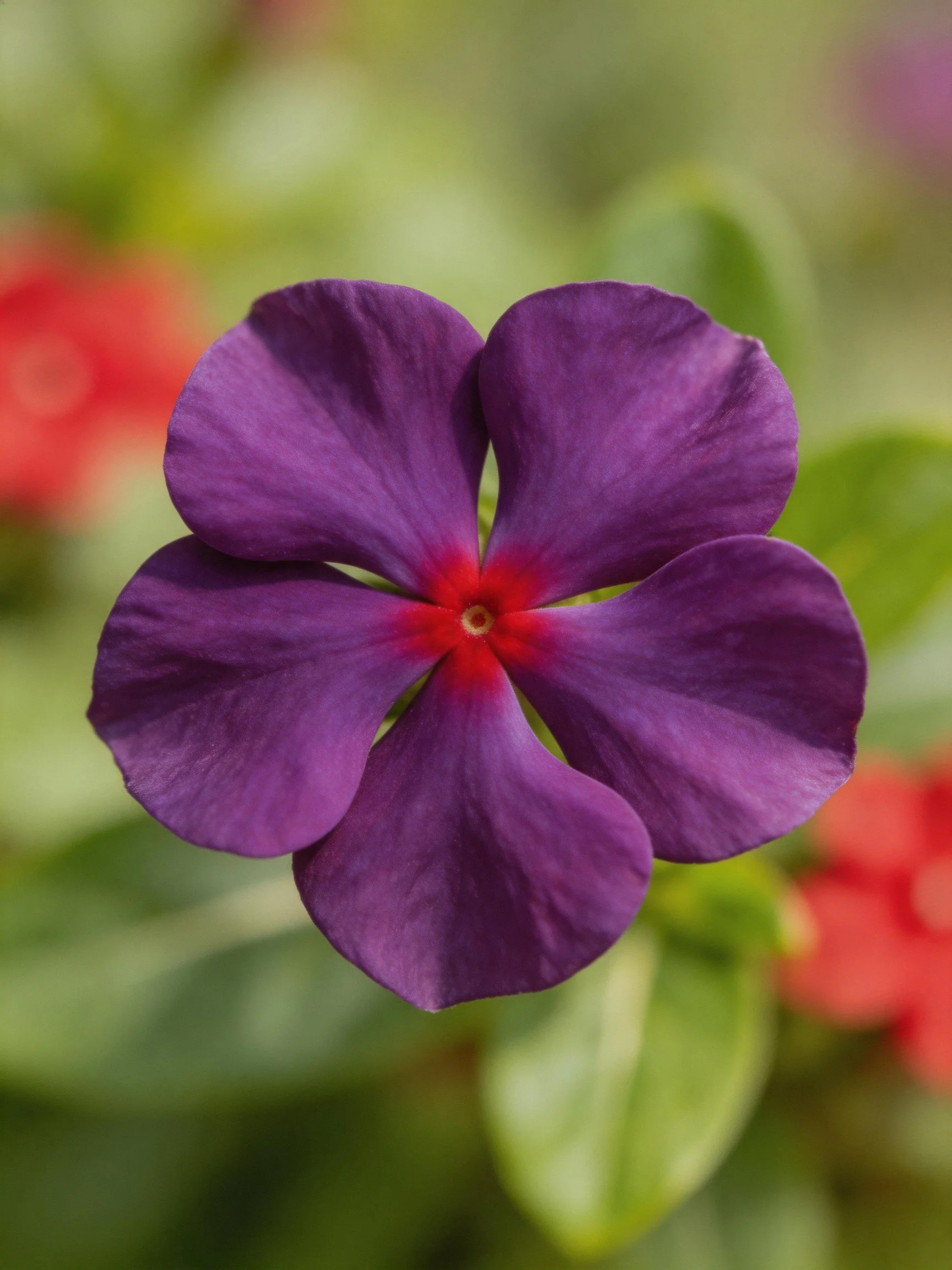 Purple flower with red center among green foliage