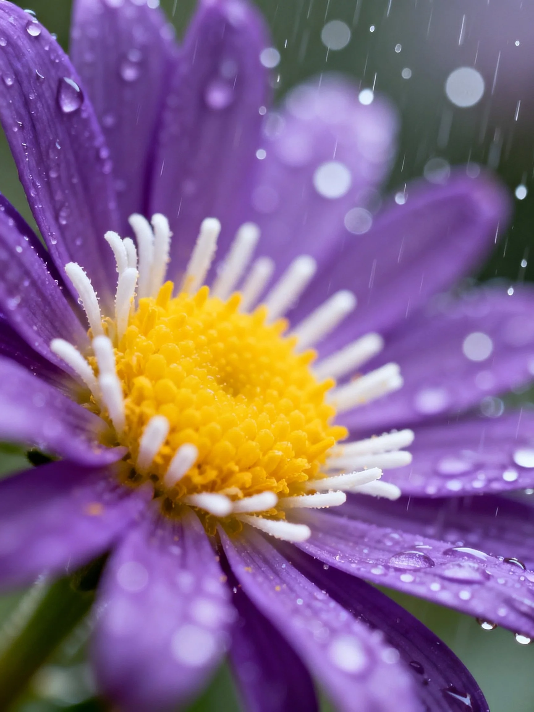 Purple flower with water droplets amidst falling rain