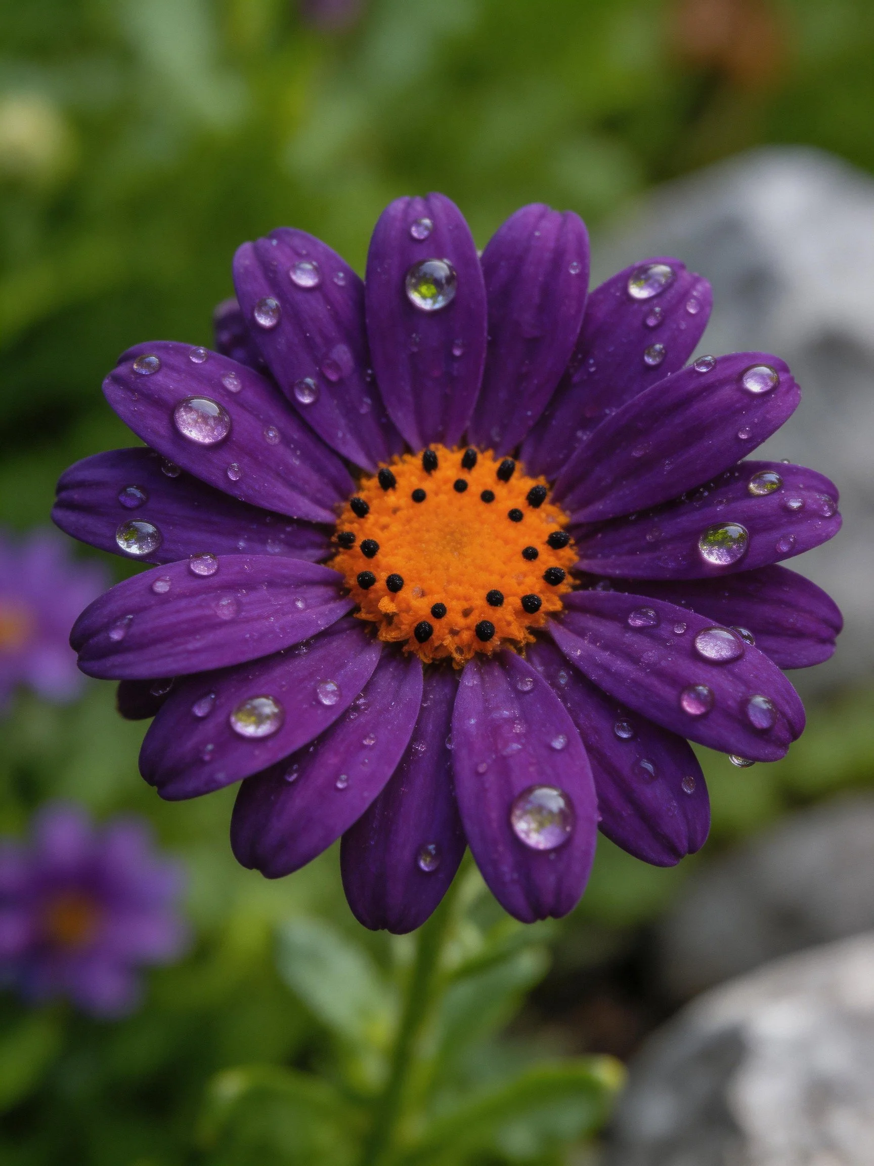 Purple flower with water droplets and orange center