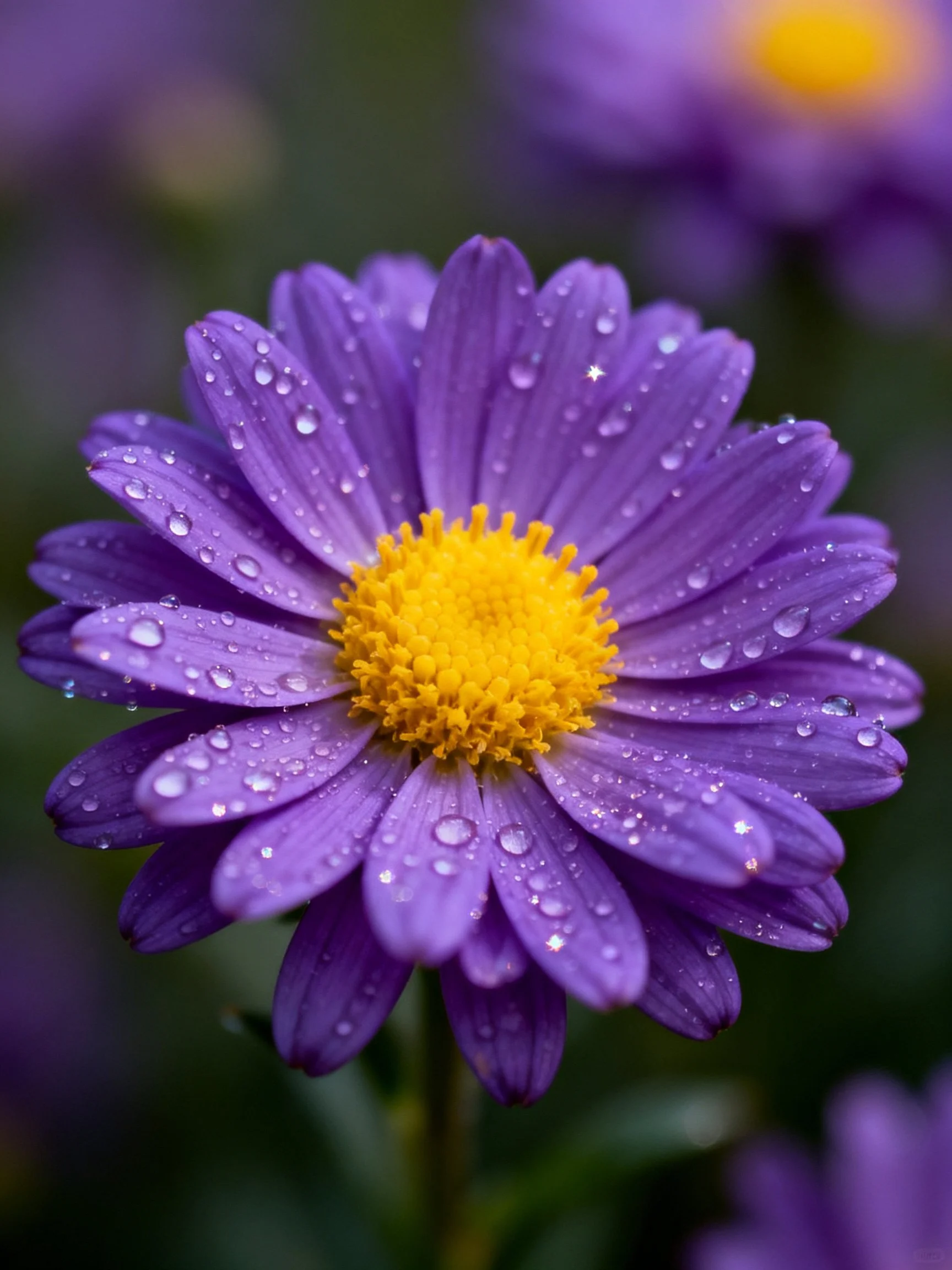 Purple flower with water droplets and yellow center