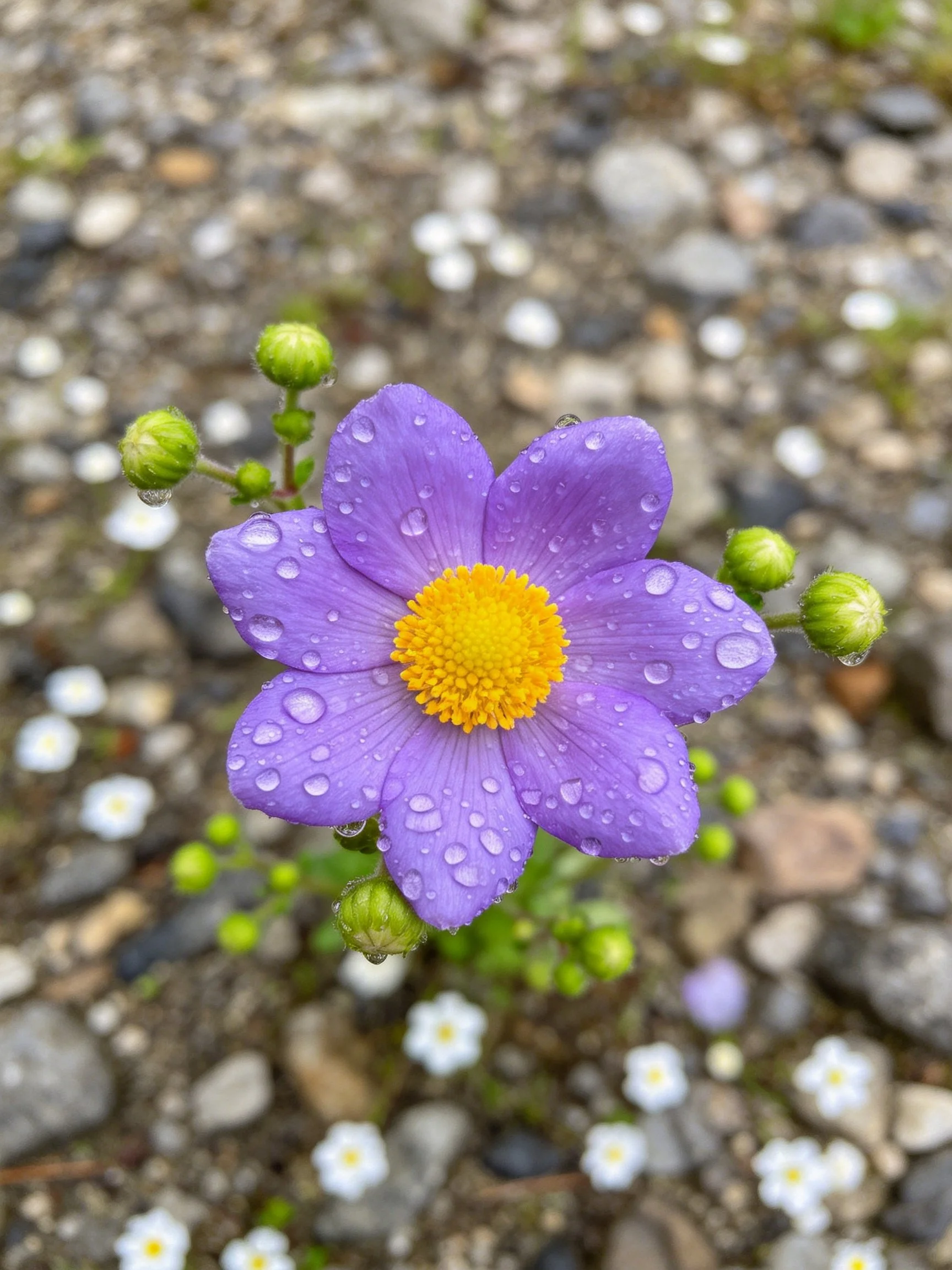 Purple flower with water droplets, green buds, and pebbly ground