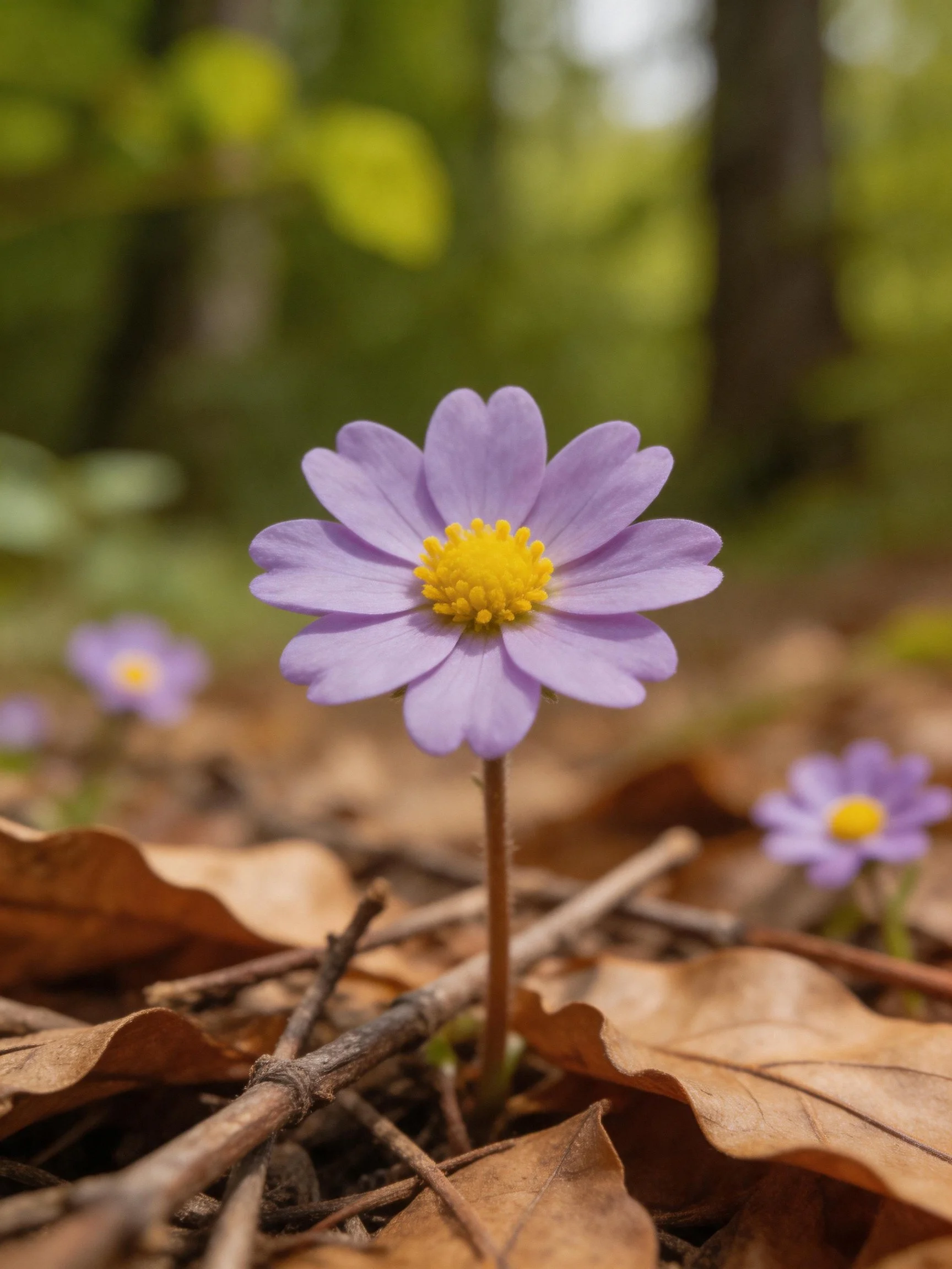 Purple flower with yellow center amid dry leaves and twigs