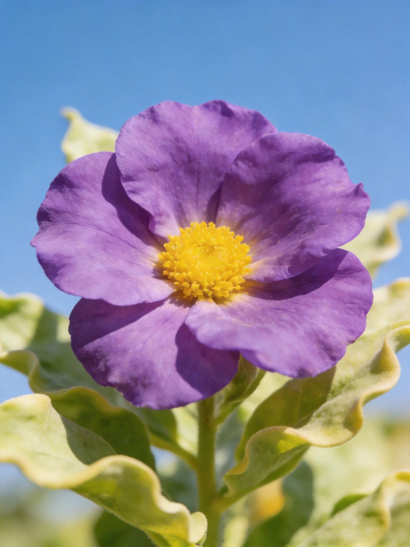 Purple flower with yellow center and wavy green leaves against blue sky