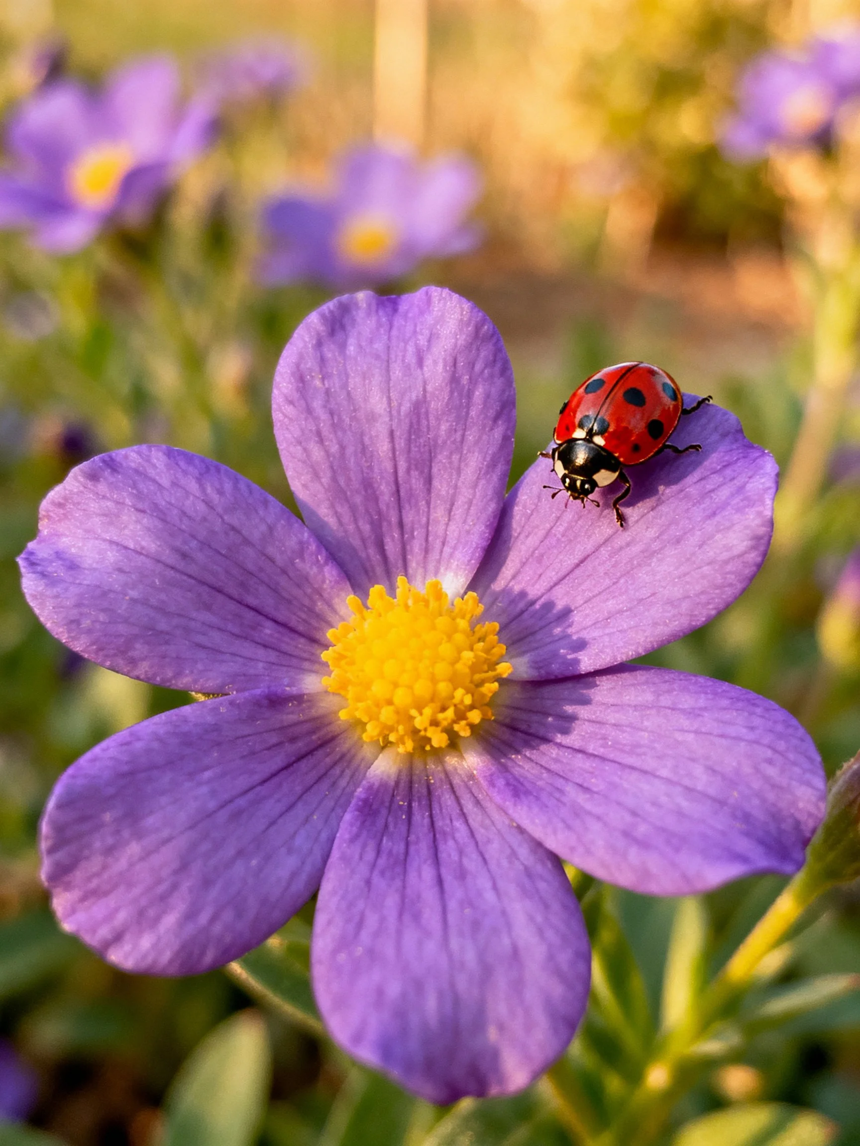 Purple flower with yellow center, red ladybug on petal