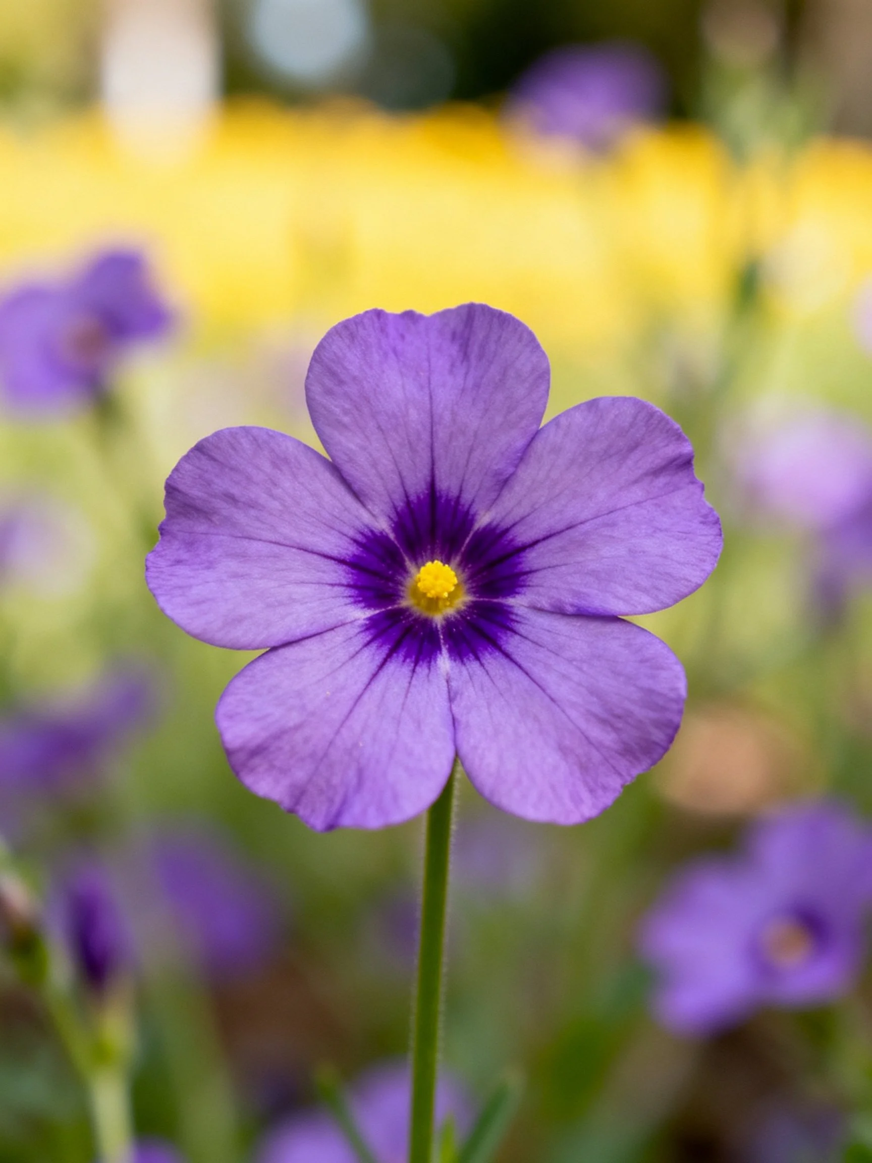 Purple flower with yellow center, surrounded by blurred floral scenery