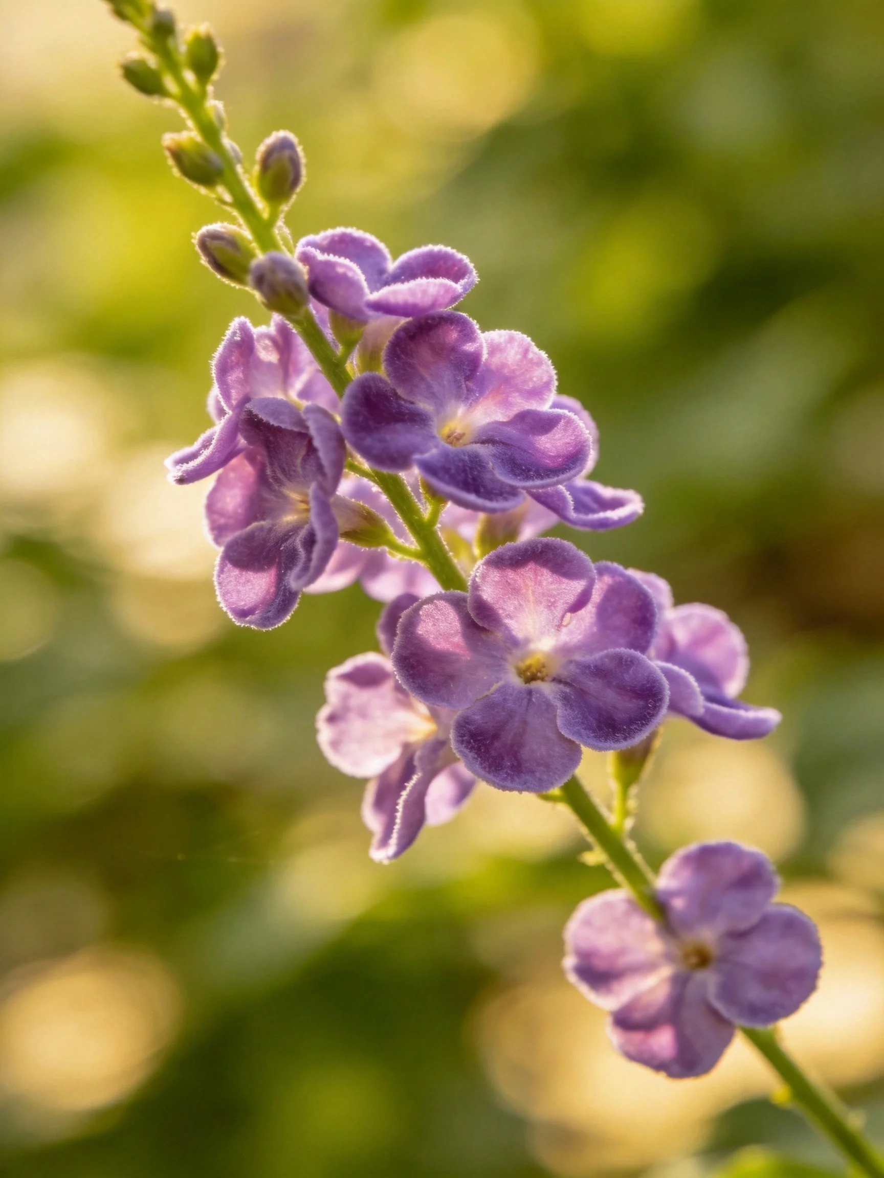 Purple flowers cluster along a green stem with unopened buds