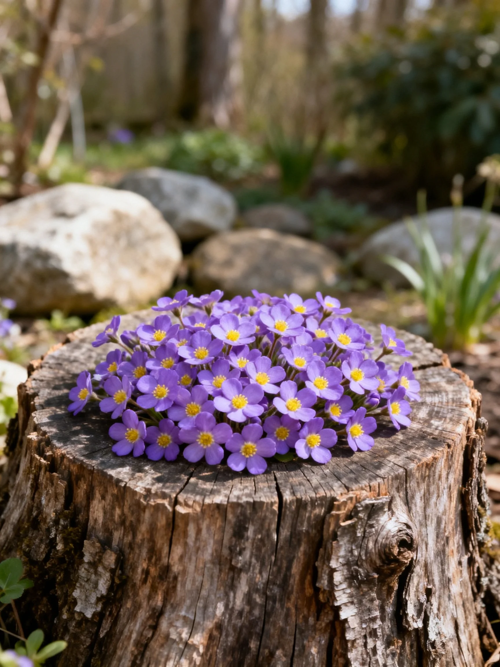 Purple flowers cluster on a weathered tree stump with rocks nearby