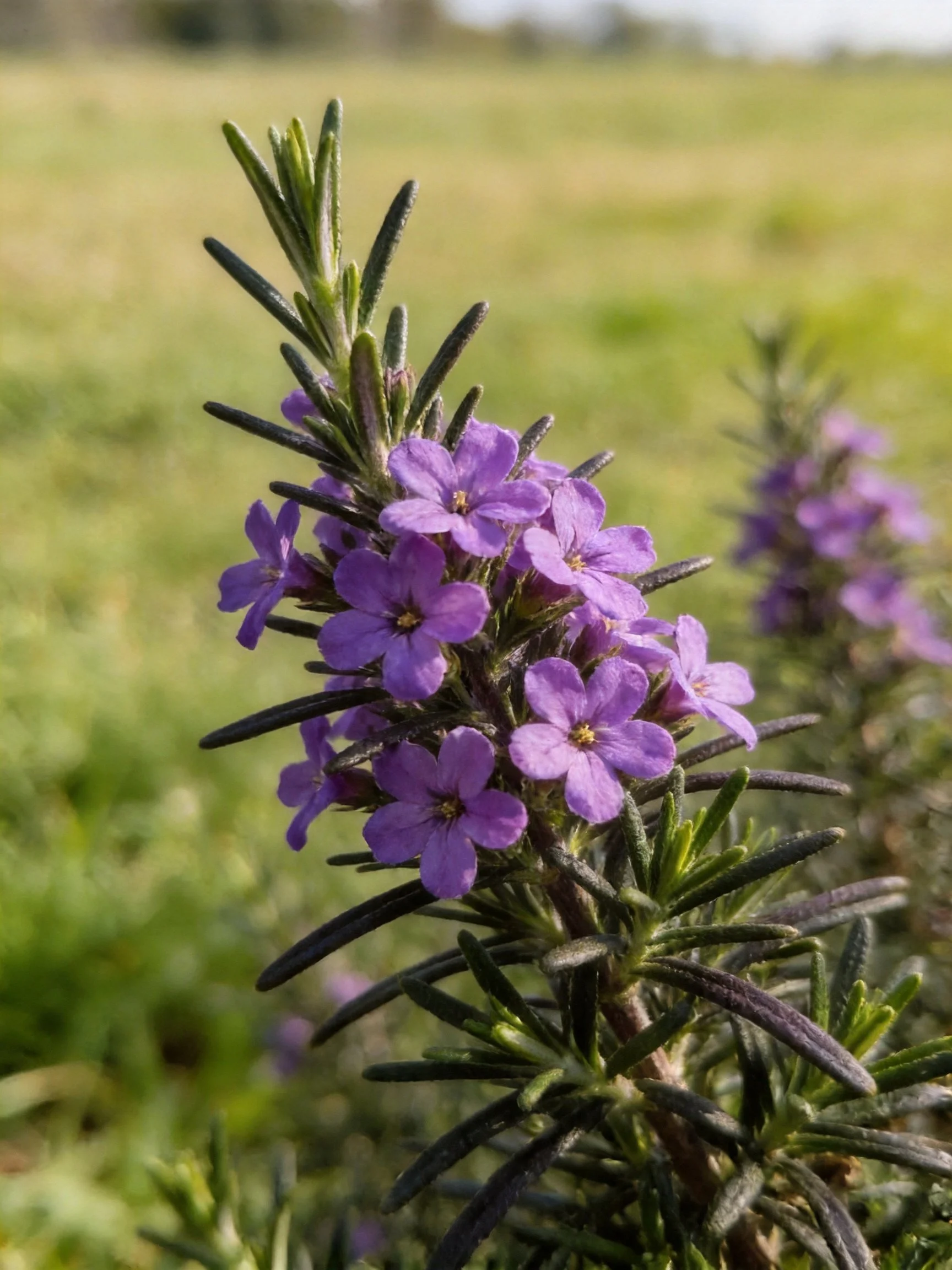 Purple flowers cluster on spiky-leaved shrub in open landscape