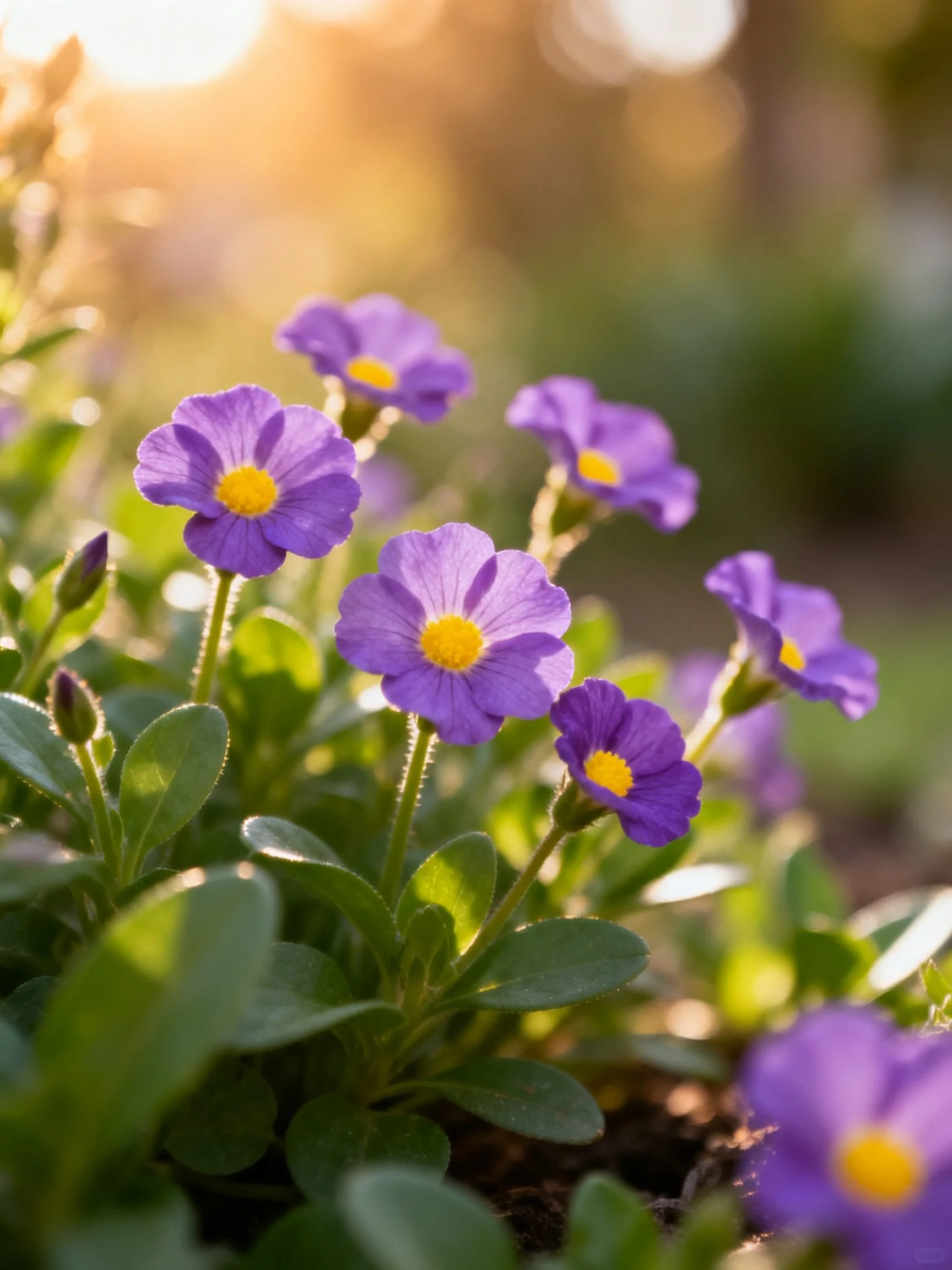 Purple flowers with yellow centers amid lush green foliage under warm sunlight