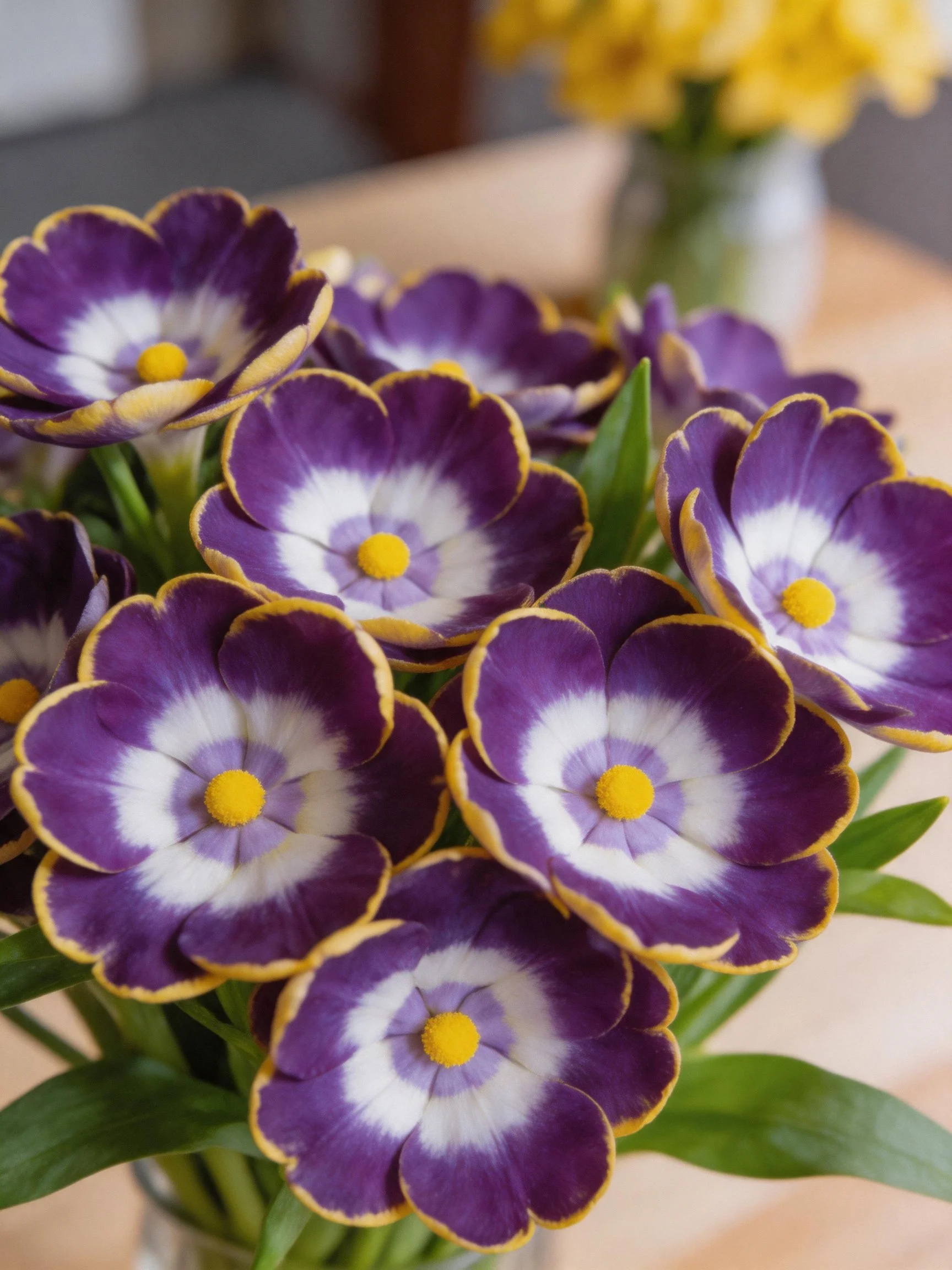 Purple flowers with yellow centers and white patterns in a vase