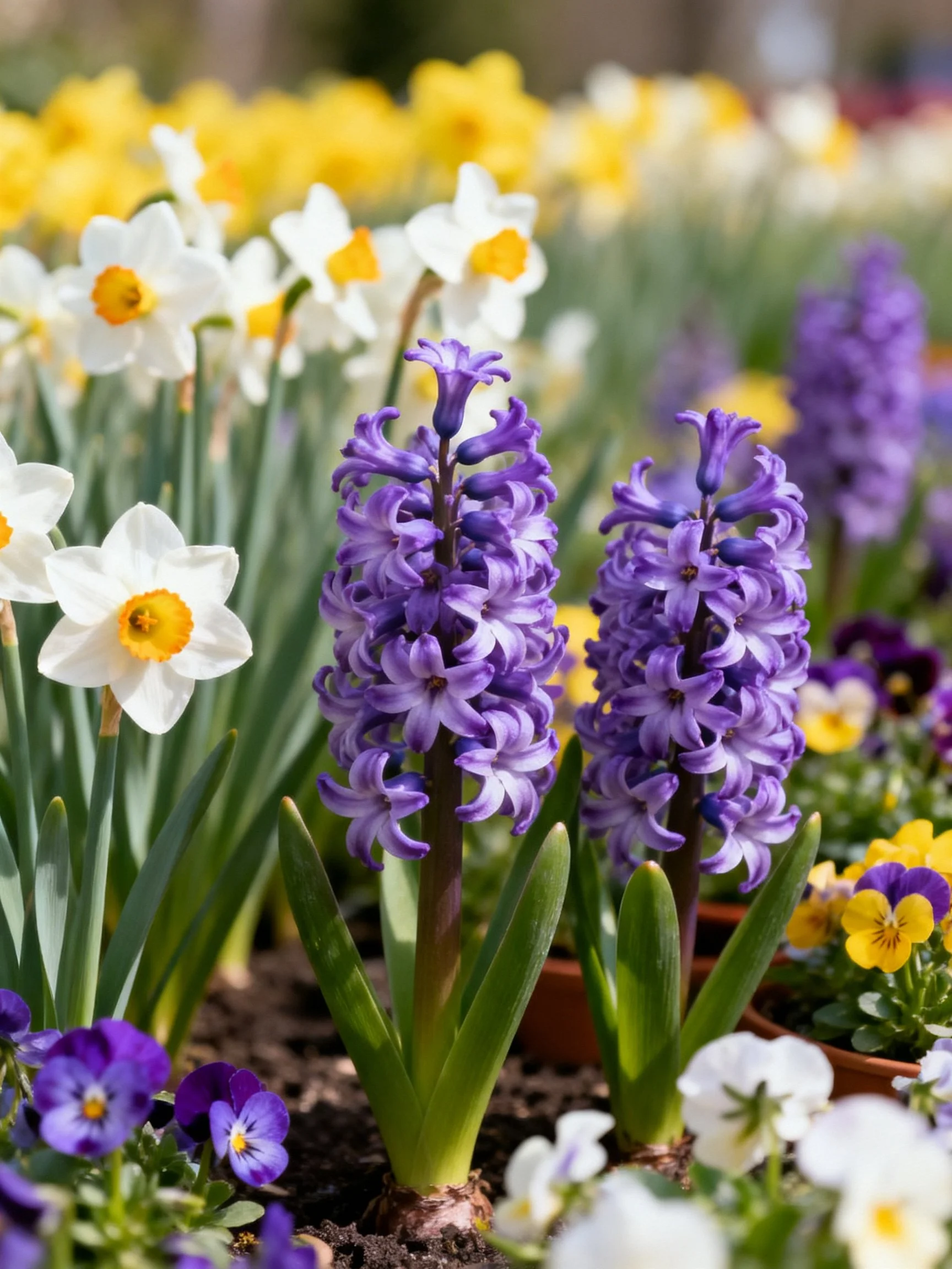 Purple hyacinths among white daffodils and colorful pansies