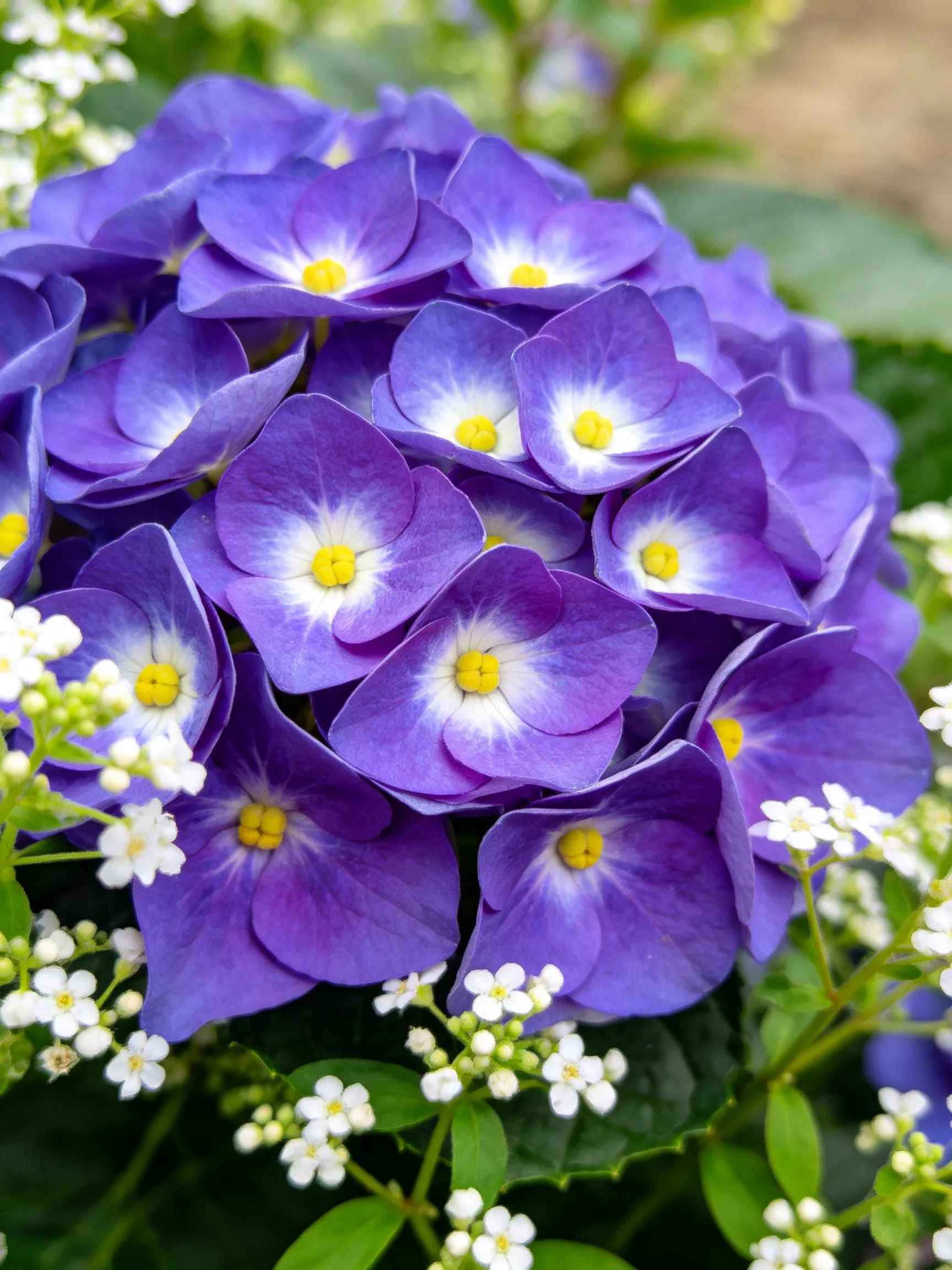 Purple hydrangea blooms with white floral accents