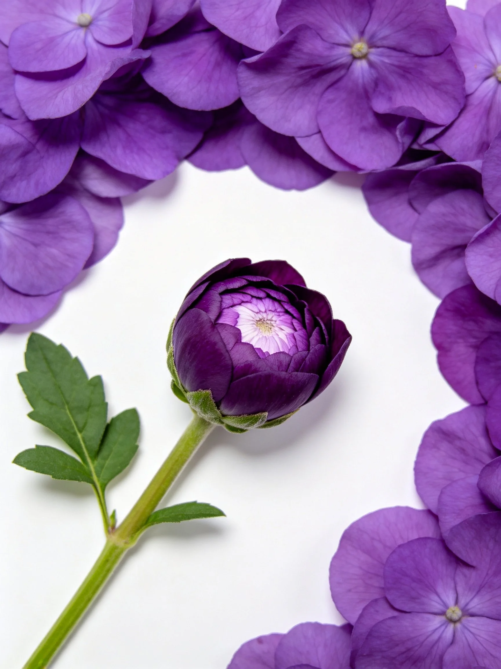 Purple hydrangeas frame a dark purple ranunculus bud