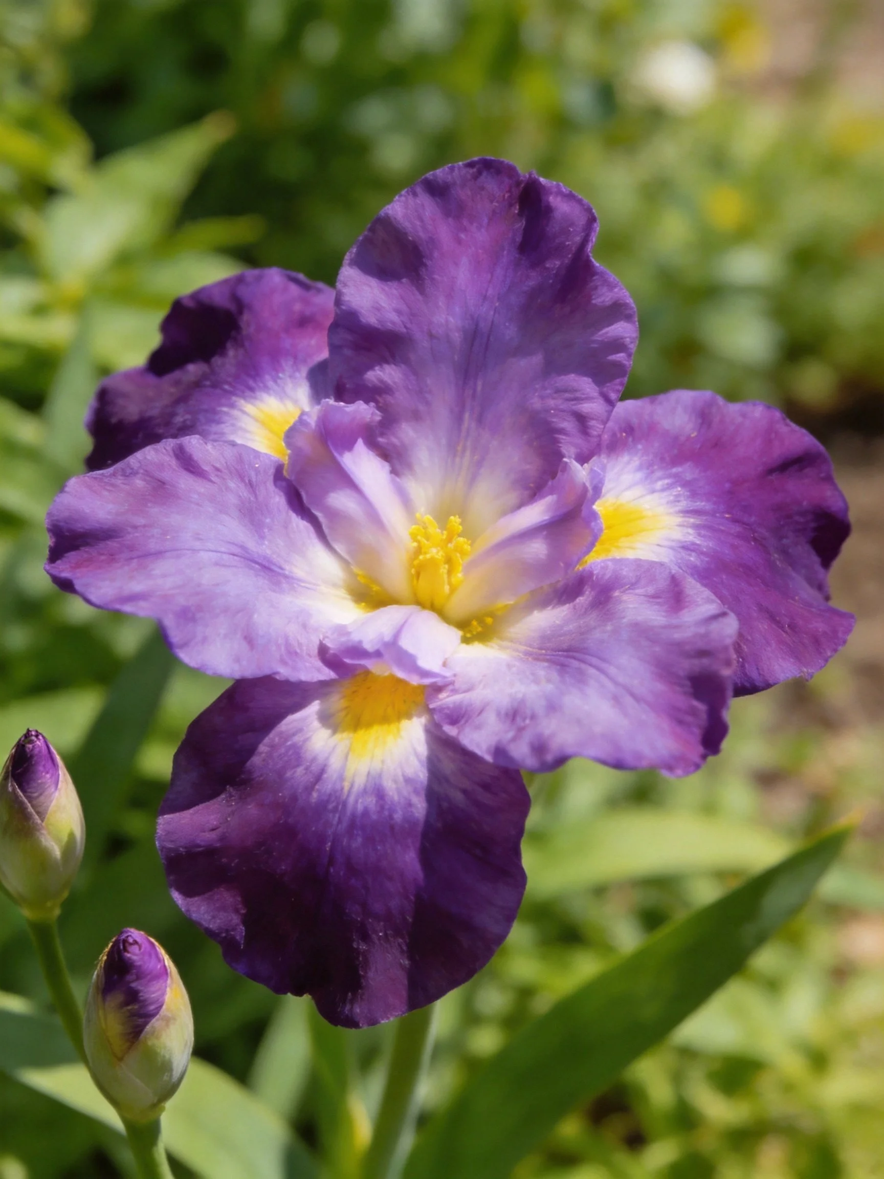 Purple iris blooms with yellow centers near two unopened buds