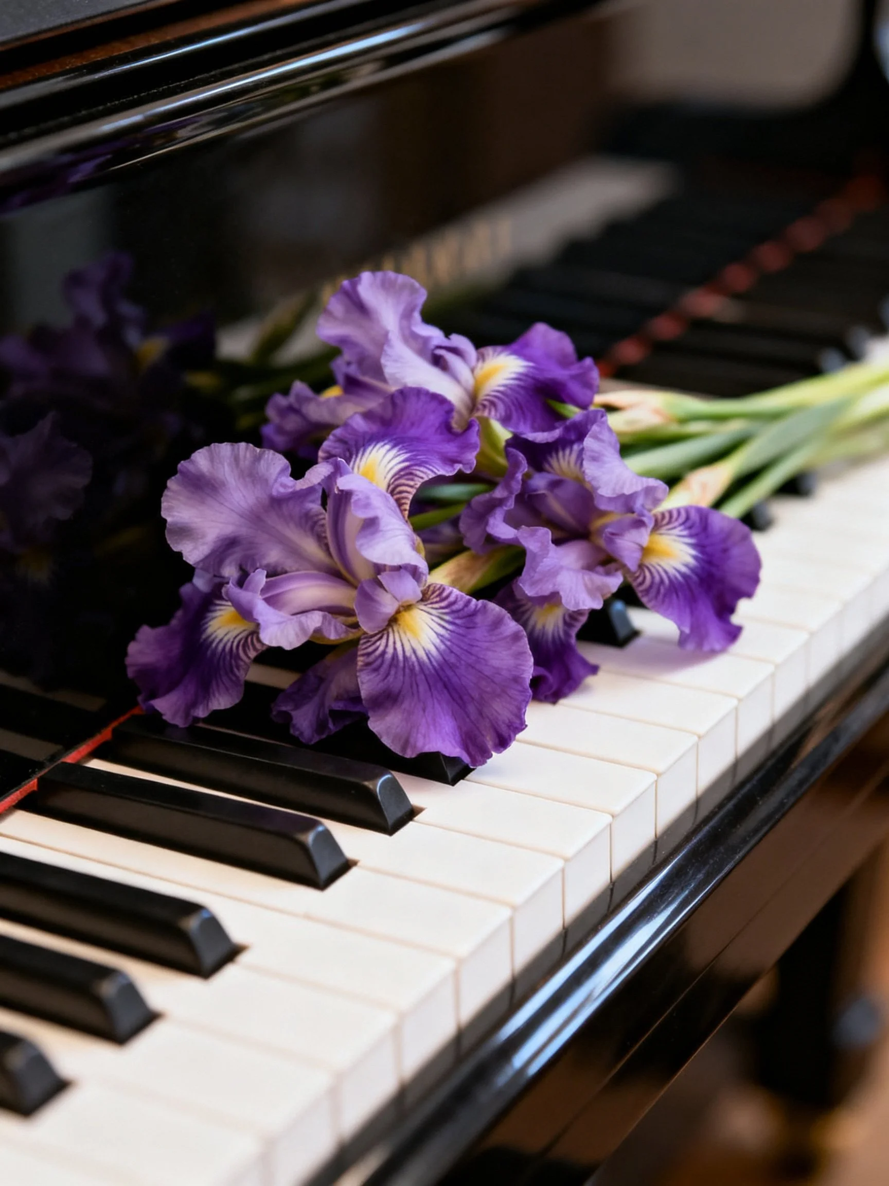 Purple iris bouquet resting on polished piano keys