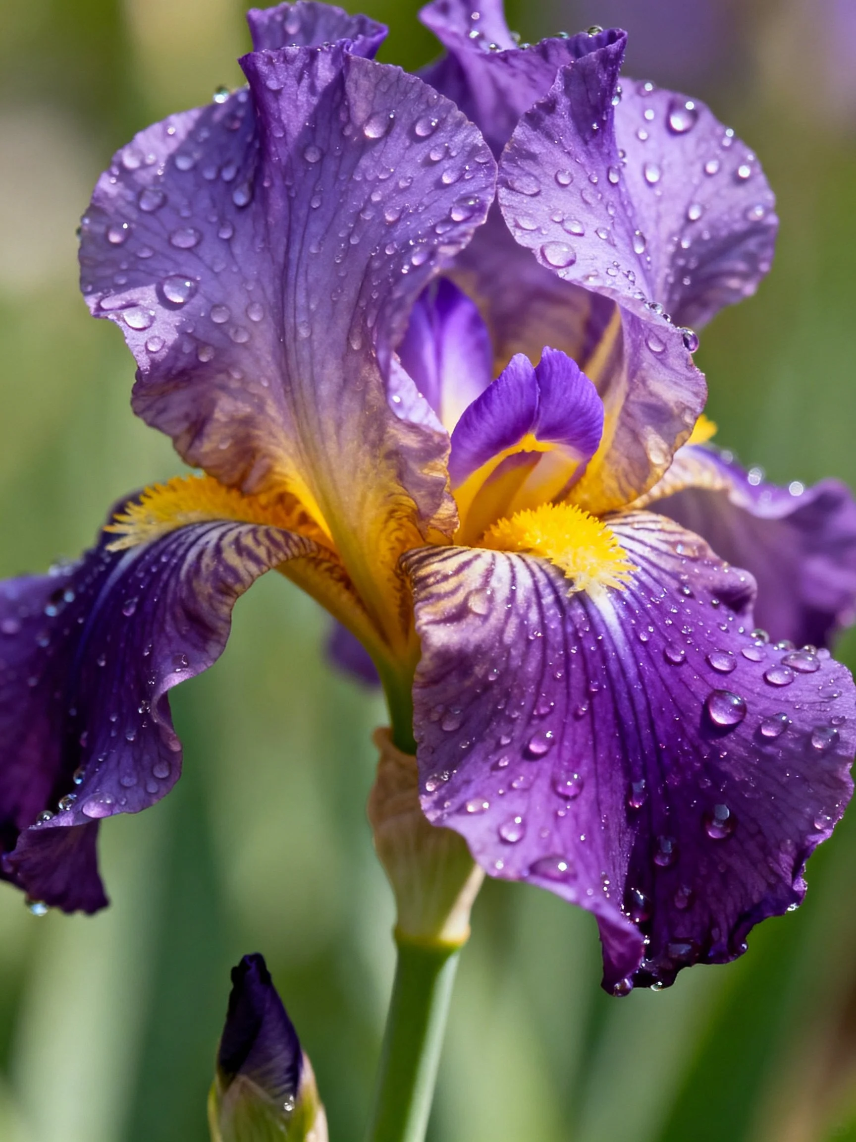 Purple iris flower with water droplets and yellow center