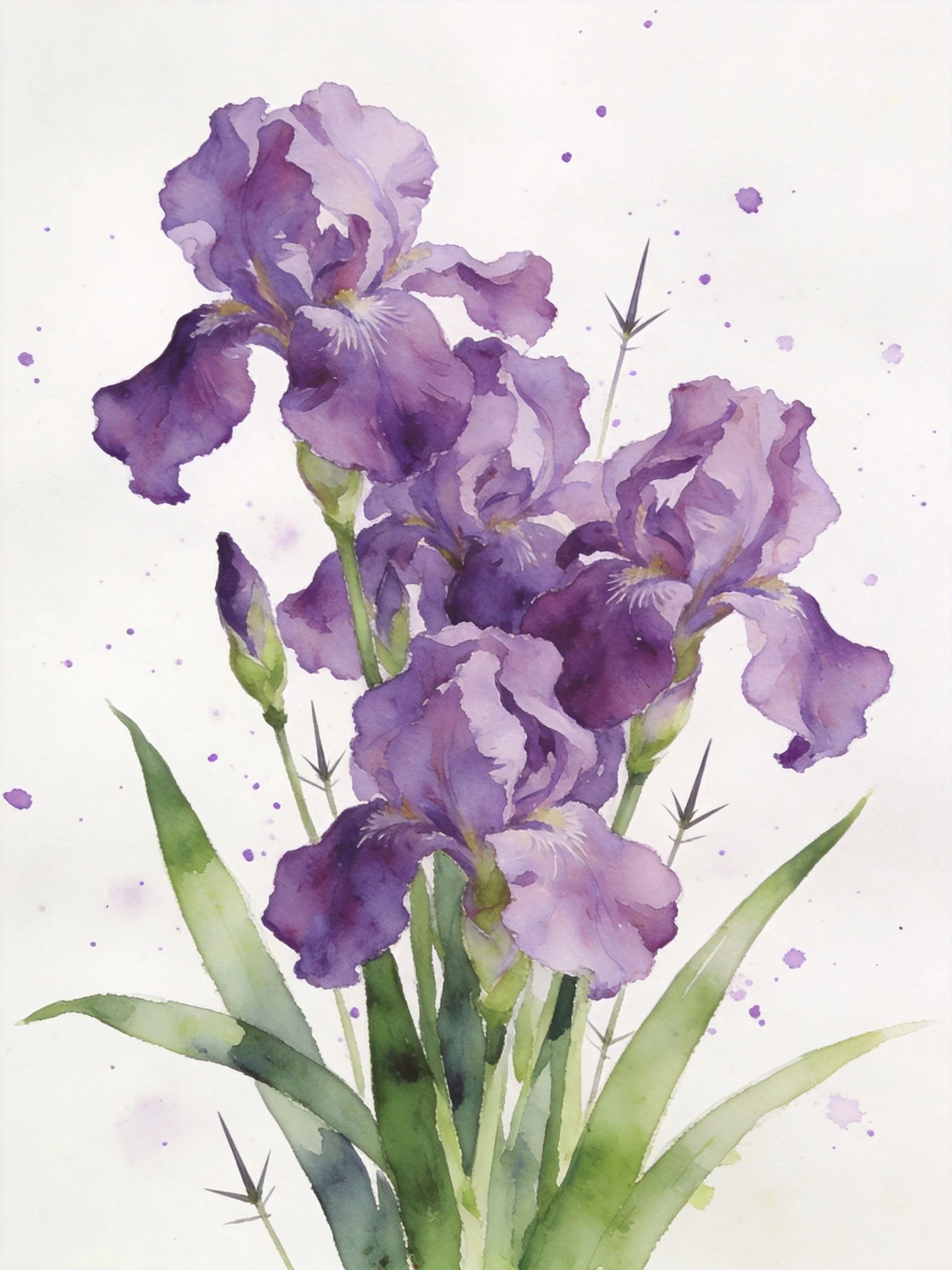 Purple iris flowers in watercolor with green foliage and paint splatters