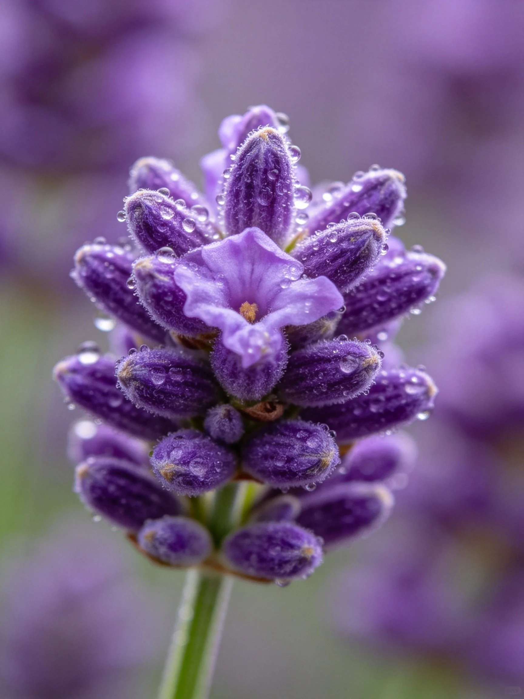 Purple lavender bud with glistening water droplets