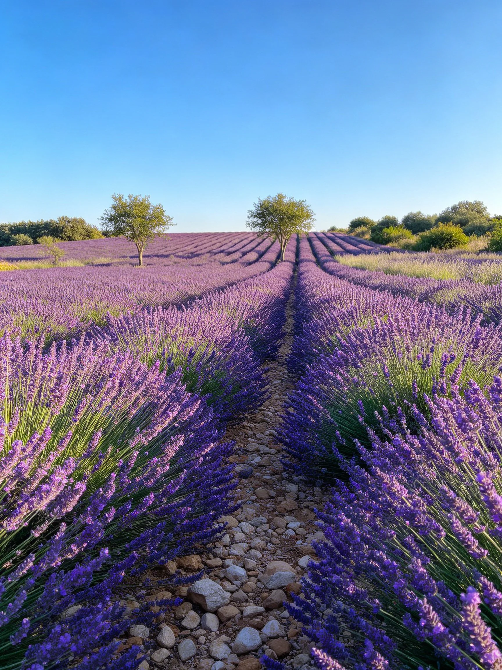 Purple lavender fields with rocky paths and scattered trees