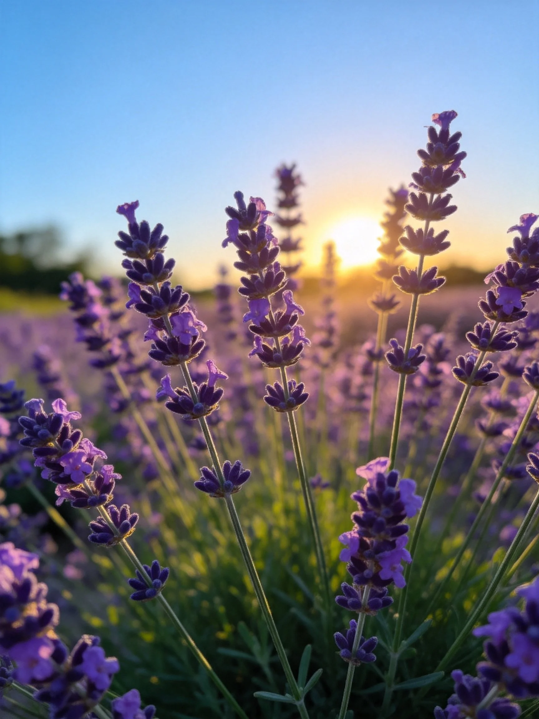 Purple lavender stems illuminated by warm sunset glow