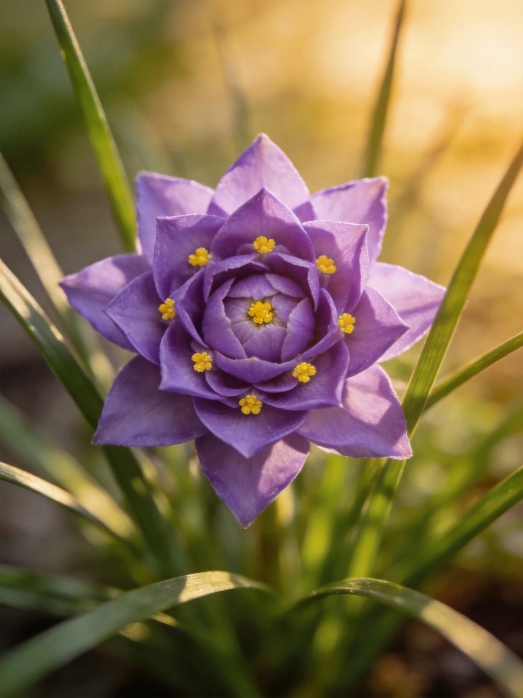 Purple layered flower with yellow stamens amid green foliage
