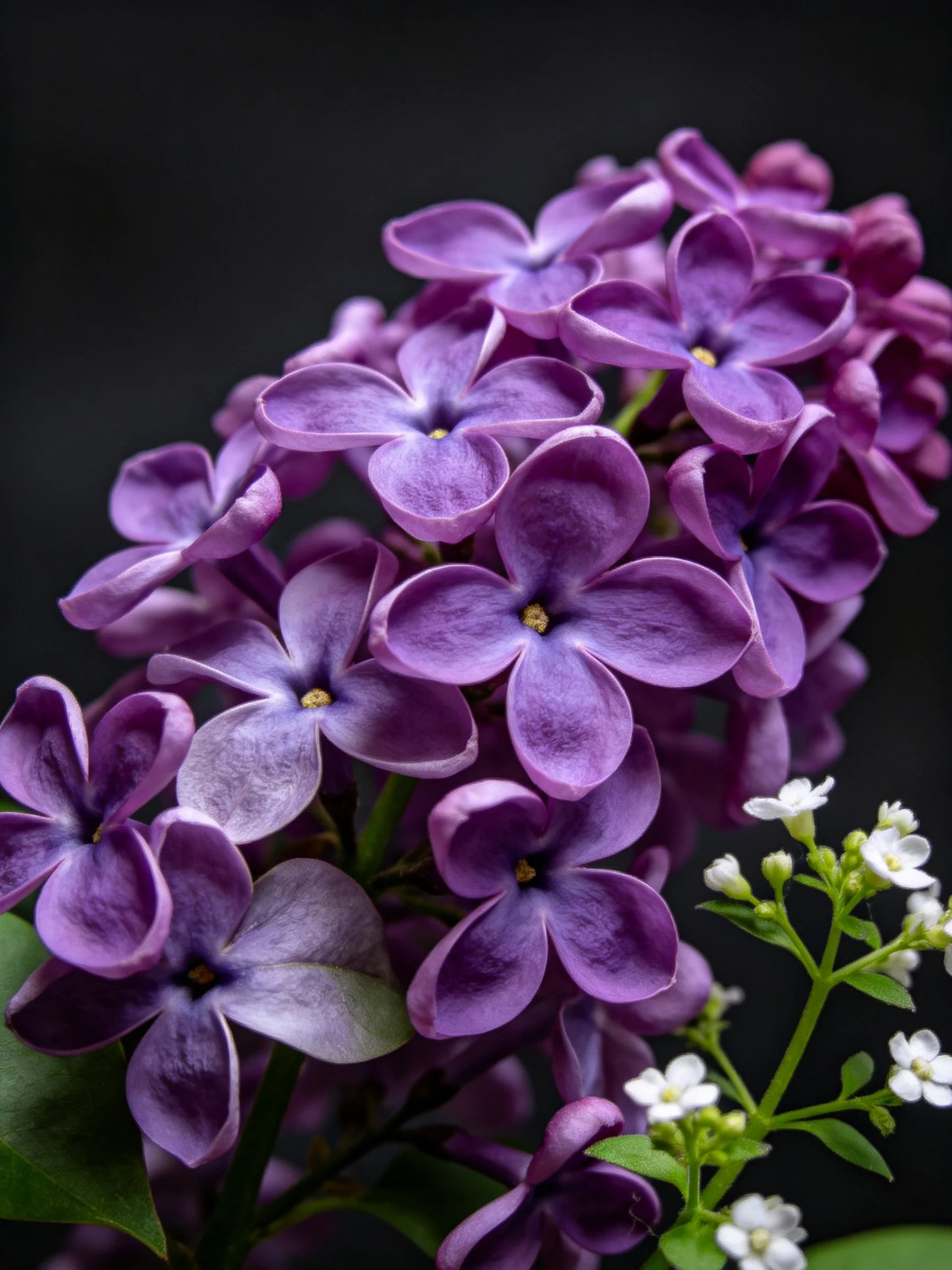 Purple lilac clusters with small white blooms against a dark backdrop