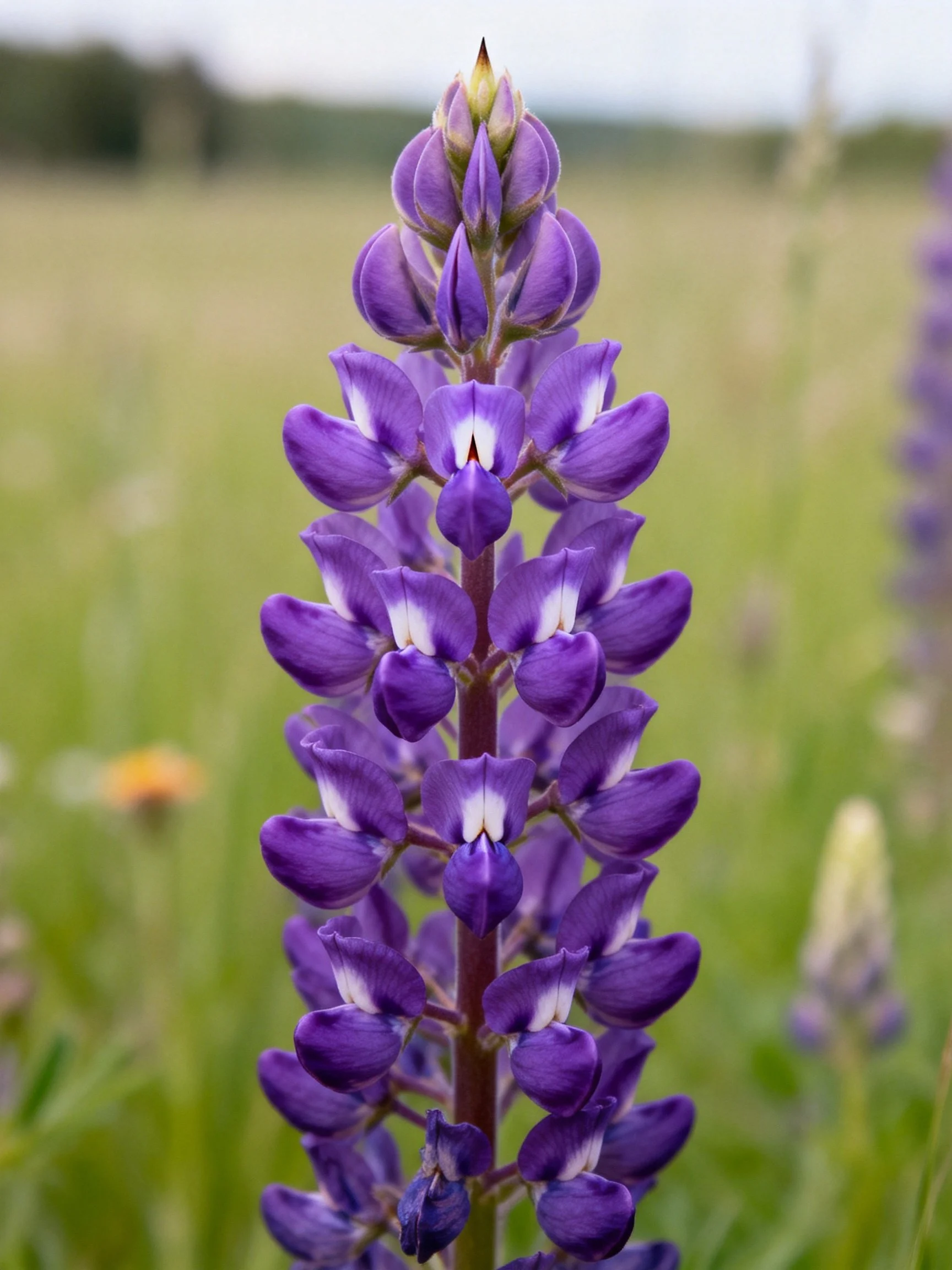 Purple lupine flower with layered blooms in a green meadow
