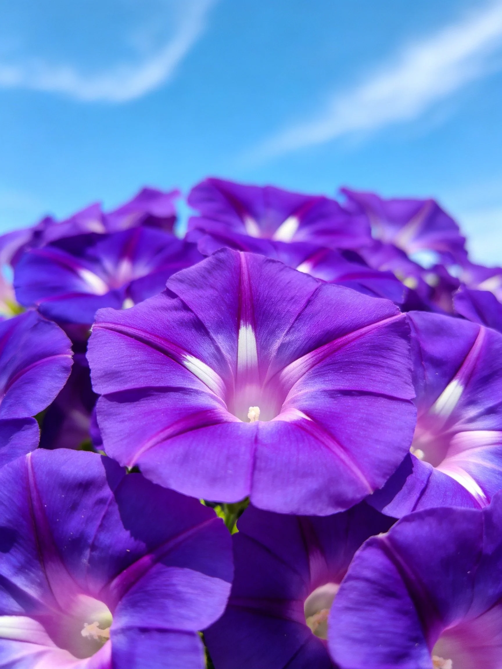 Purple morning glories bloom densely against bright blue sky