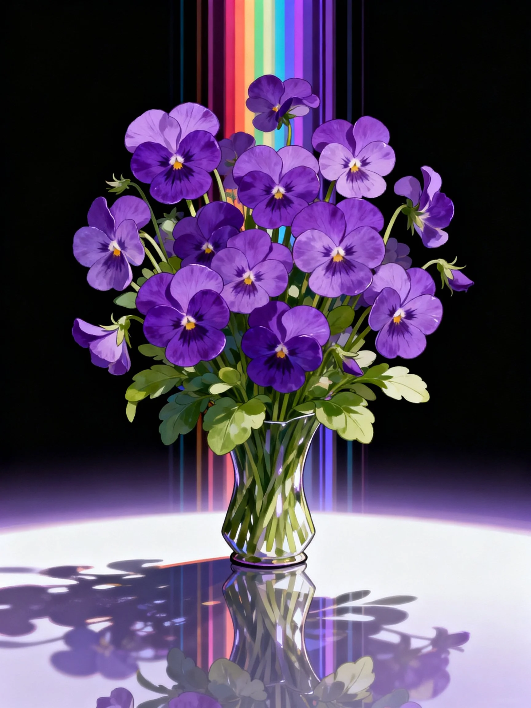 Purple pansy bouquet in glass vase with colorful vertical stripes