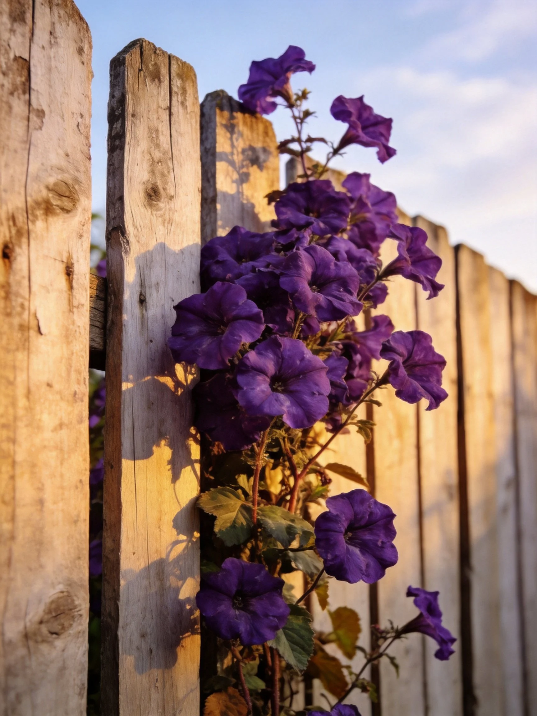 Purple petunias climbing an aged wooden fence with golden sunlight