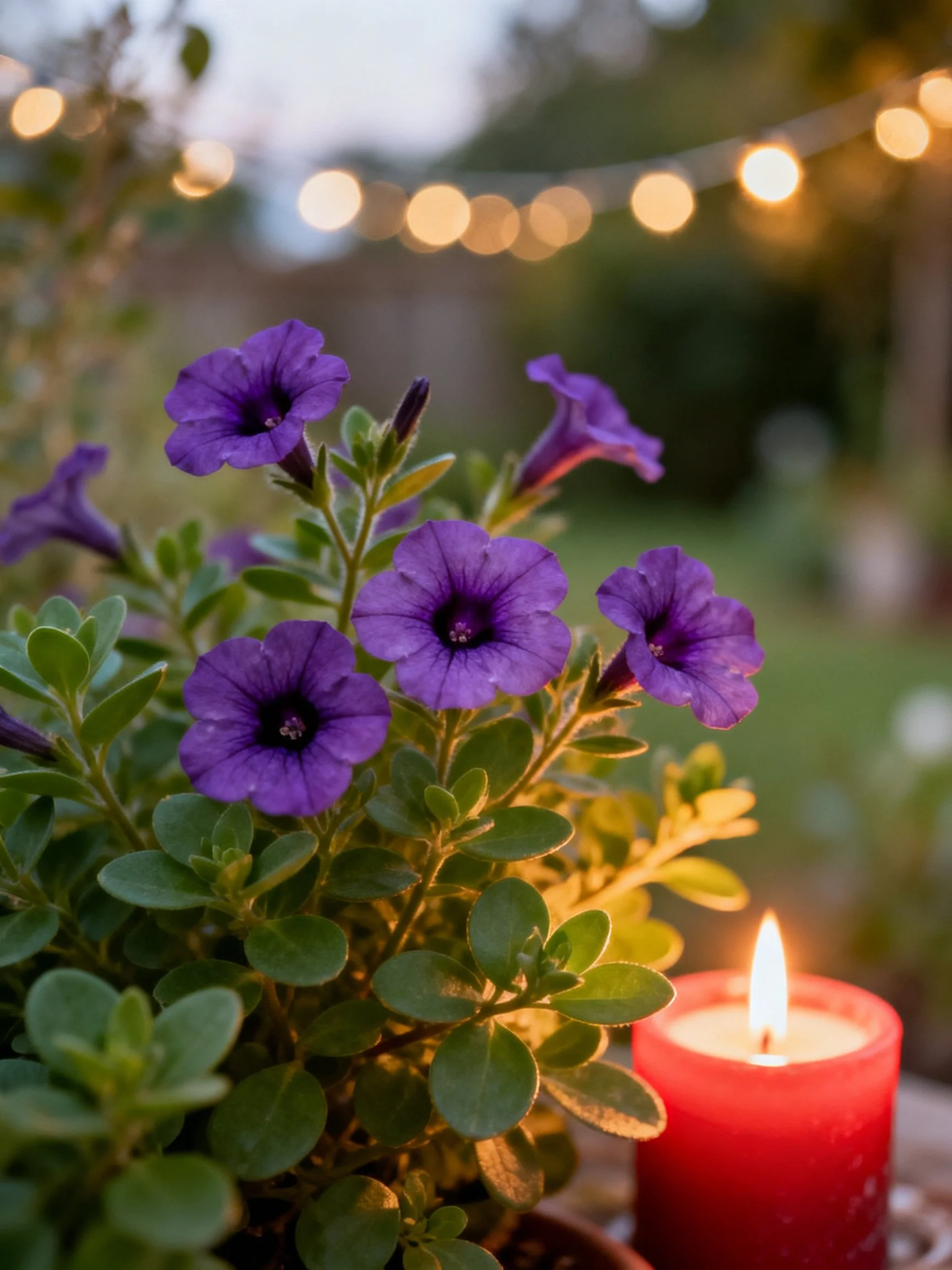 Purple petunias, red candle, and string lights in soft focus