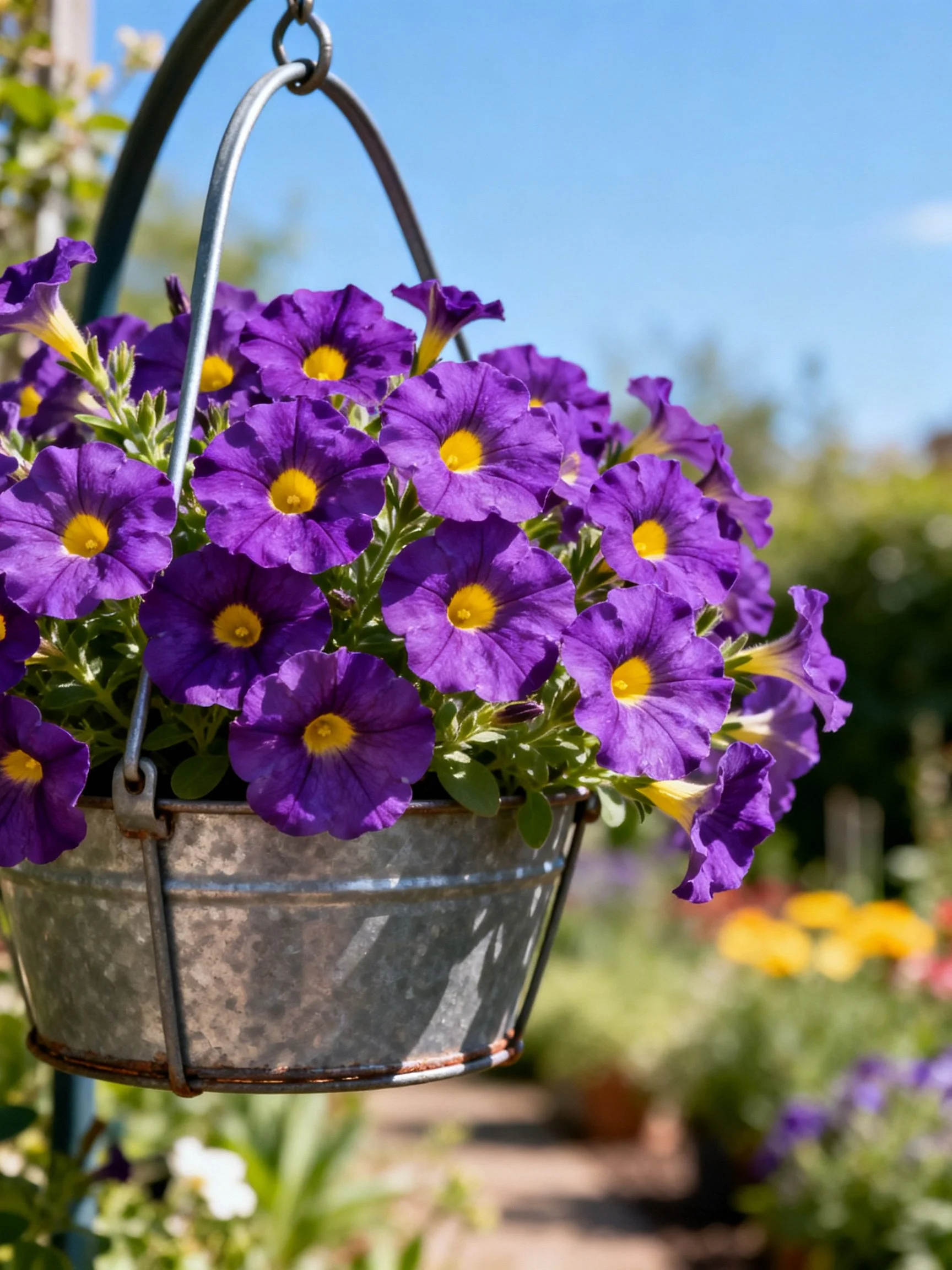 Purple petunias with yellow centers in a galvanized hanging bucket