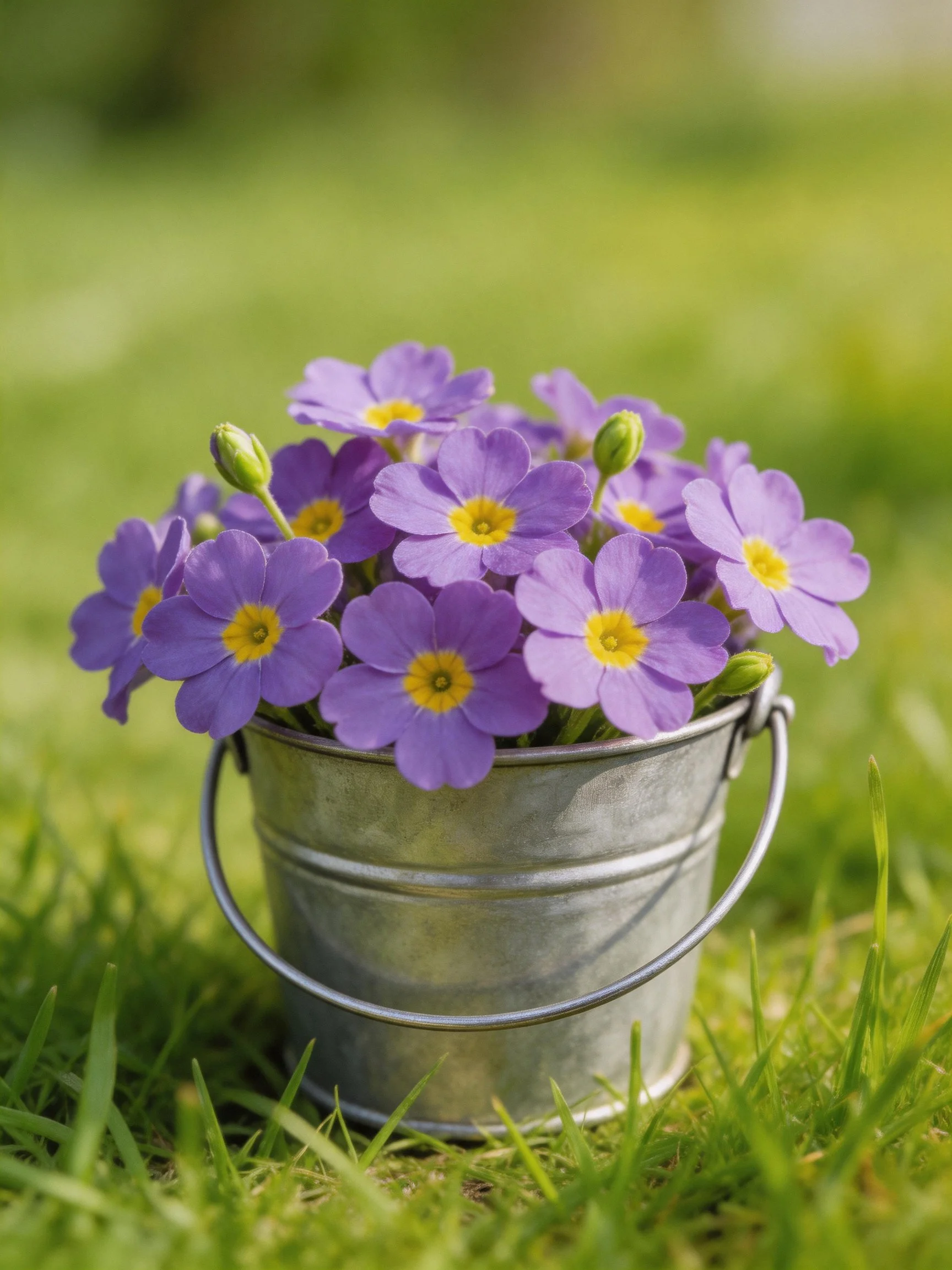 Purple primroses arranged in a small metallic bucket on green grass