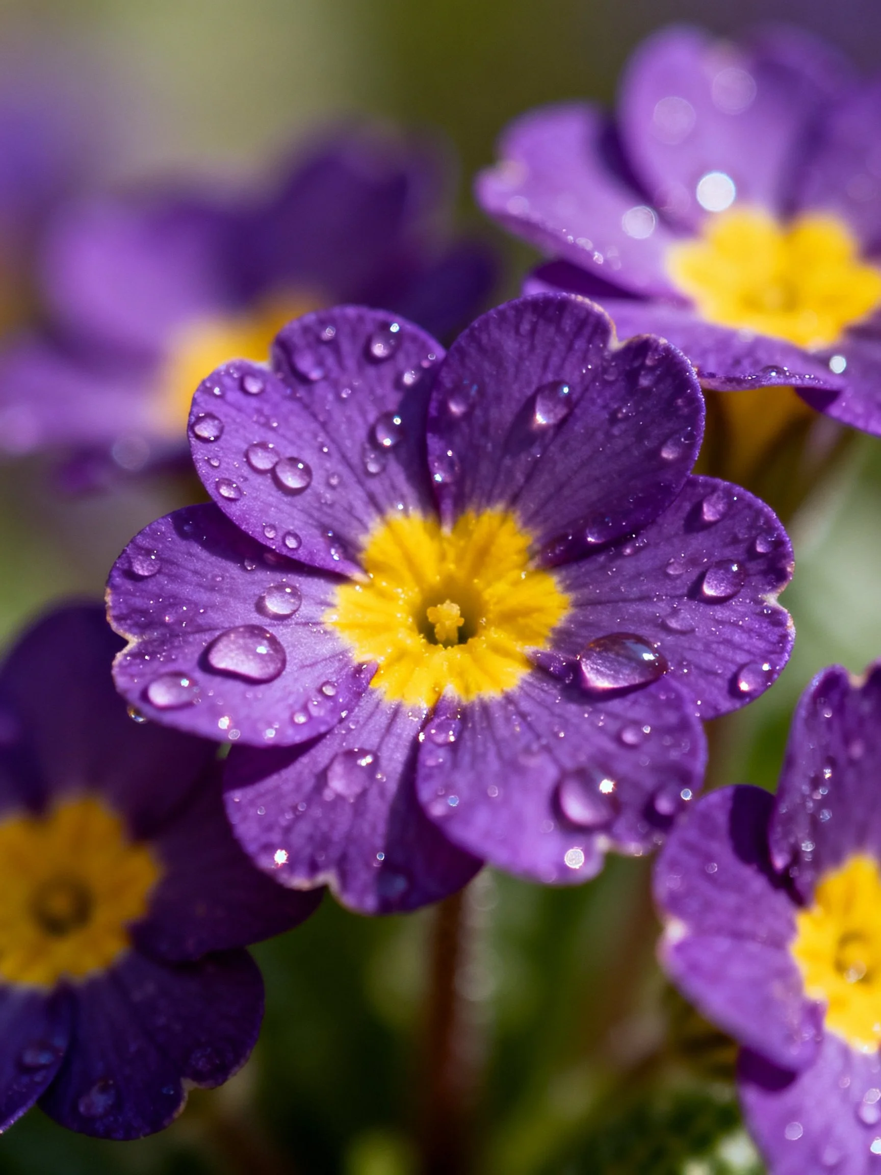 Purple primroses with yellow centers and water droplets
