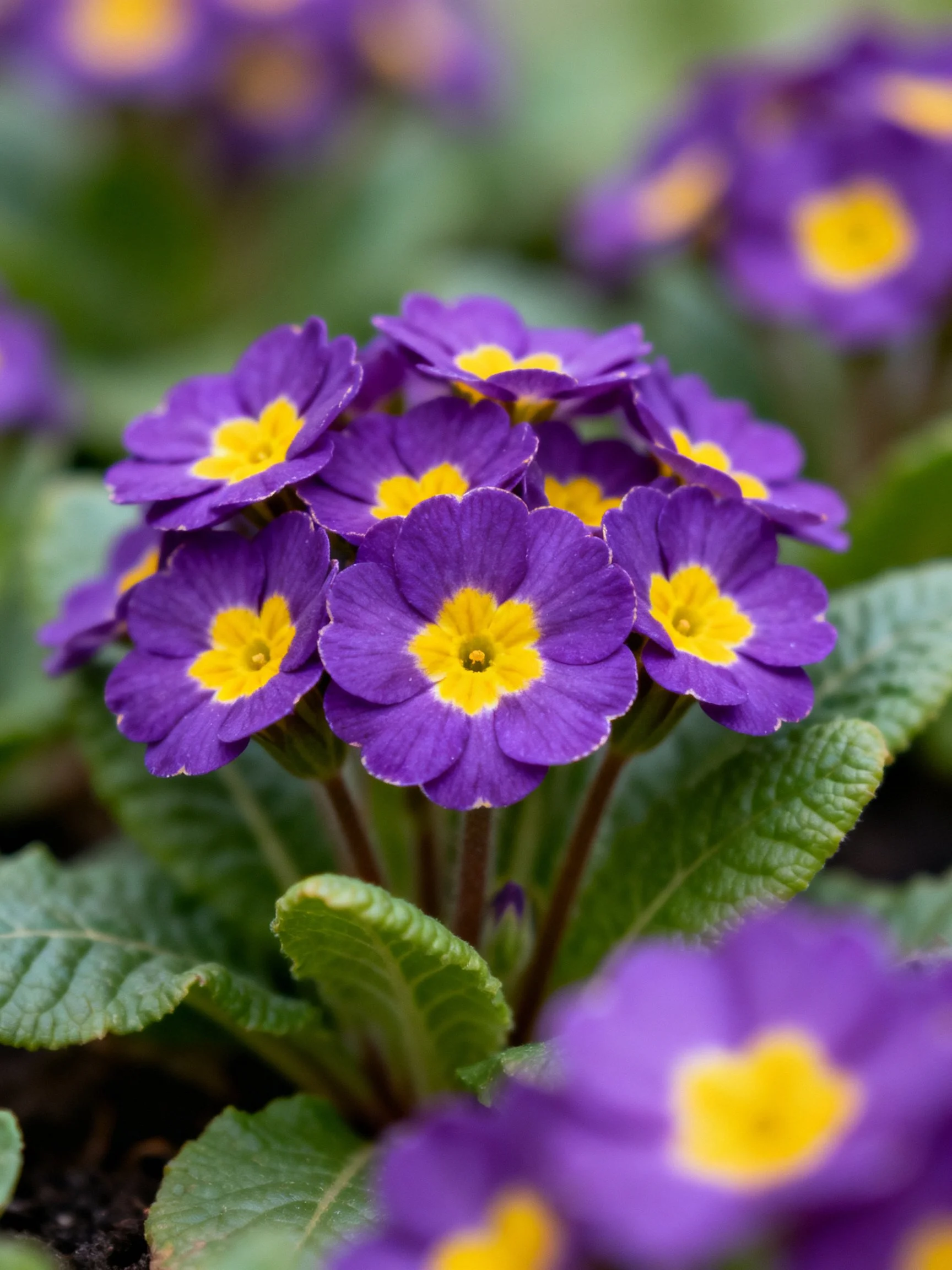 Purple primroses with yellow centers clustered among textured green leaves