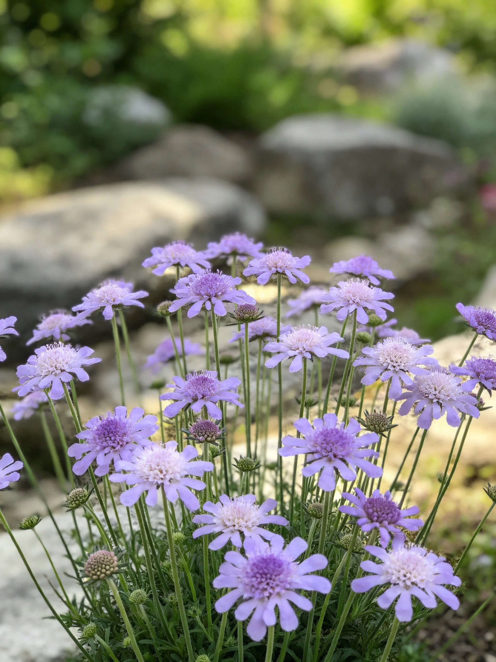 Purple scabious flowers cluster amid rocks and green foliage