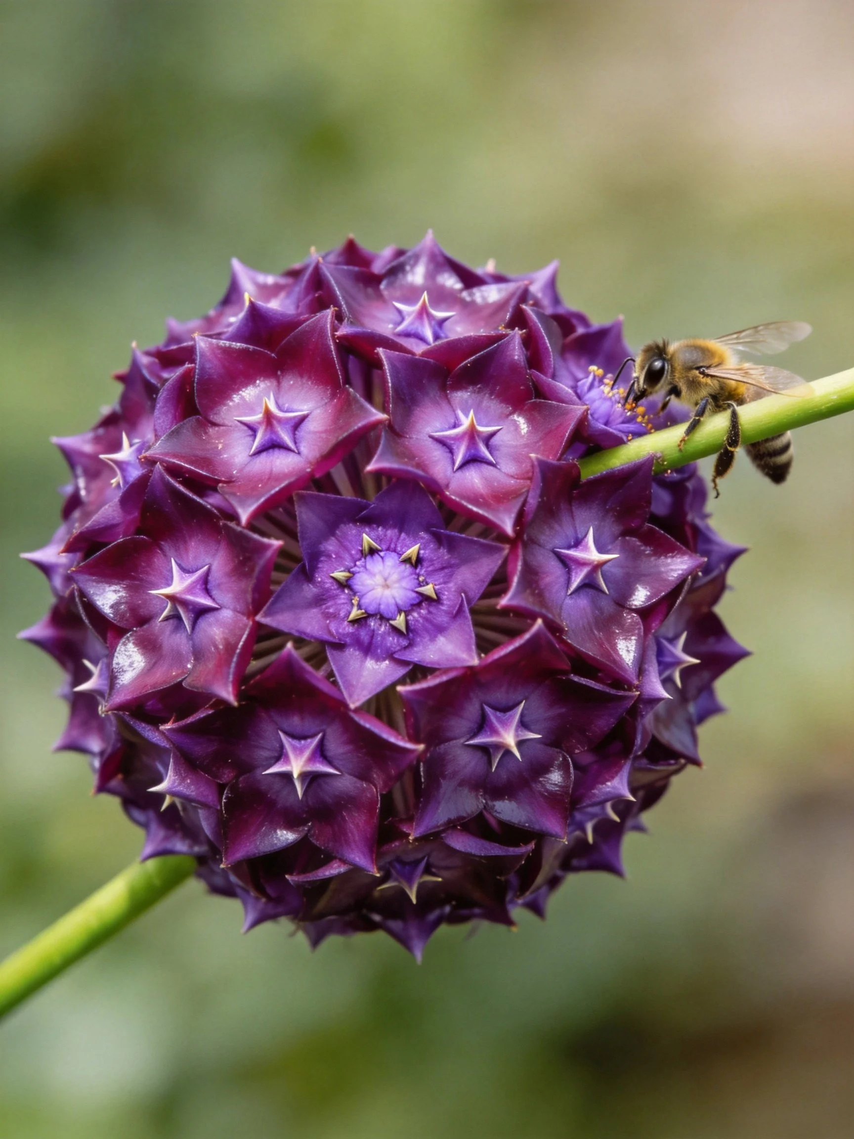 Purple spherical flower with star - shaped petals and a bee