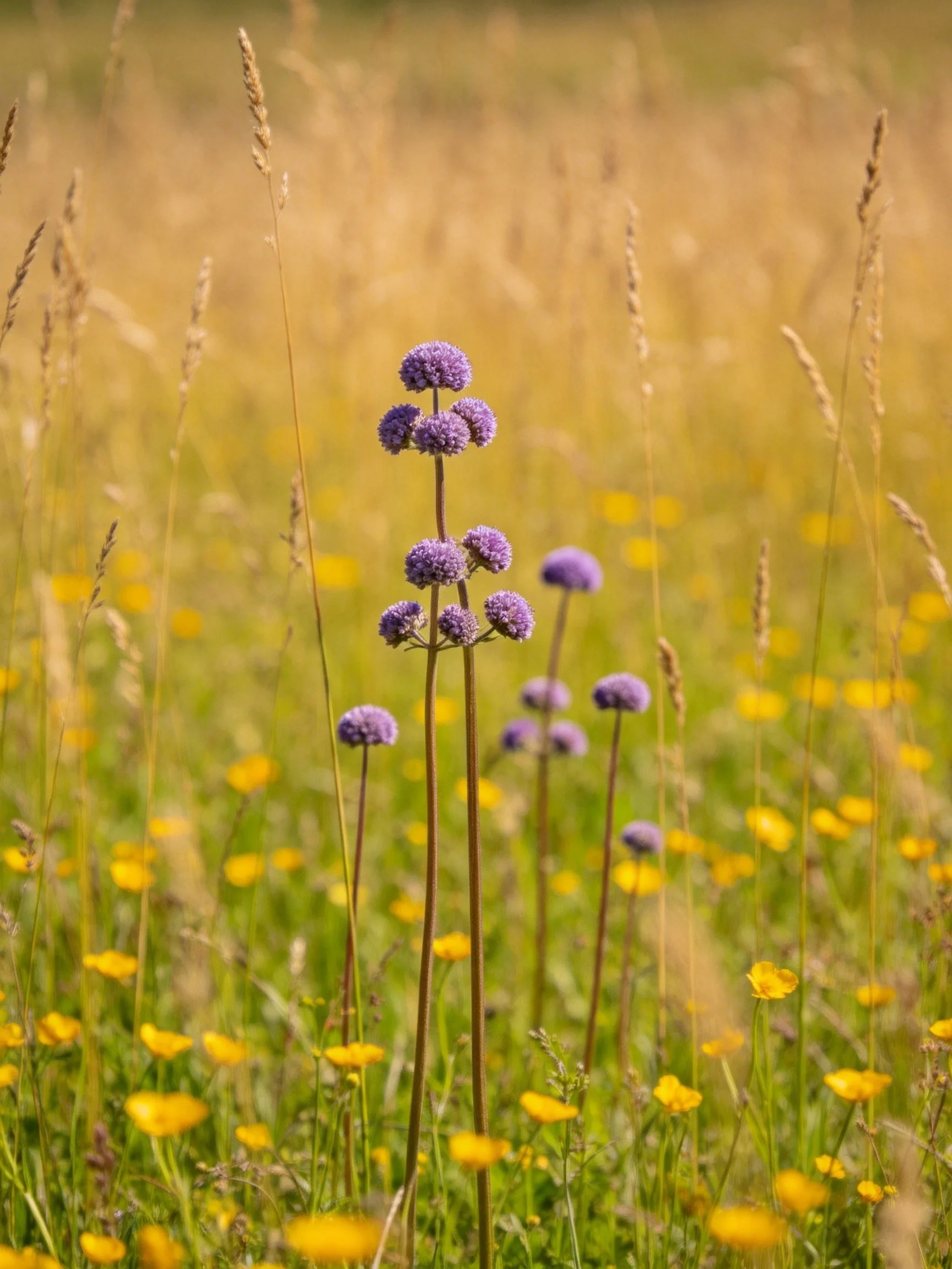 Purple spherical flowers among yellow wildflowers and tall grasses