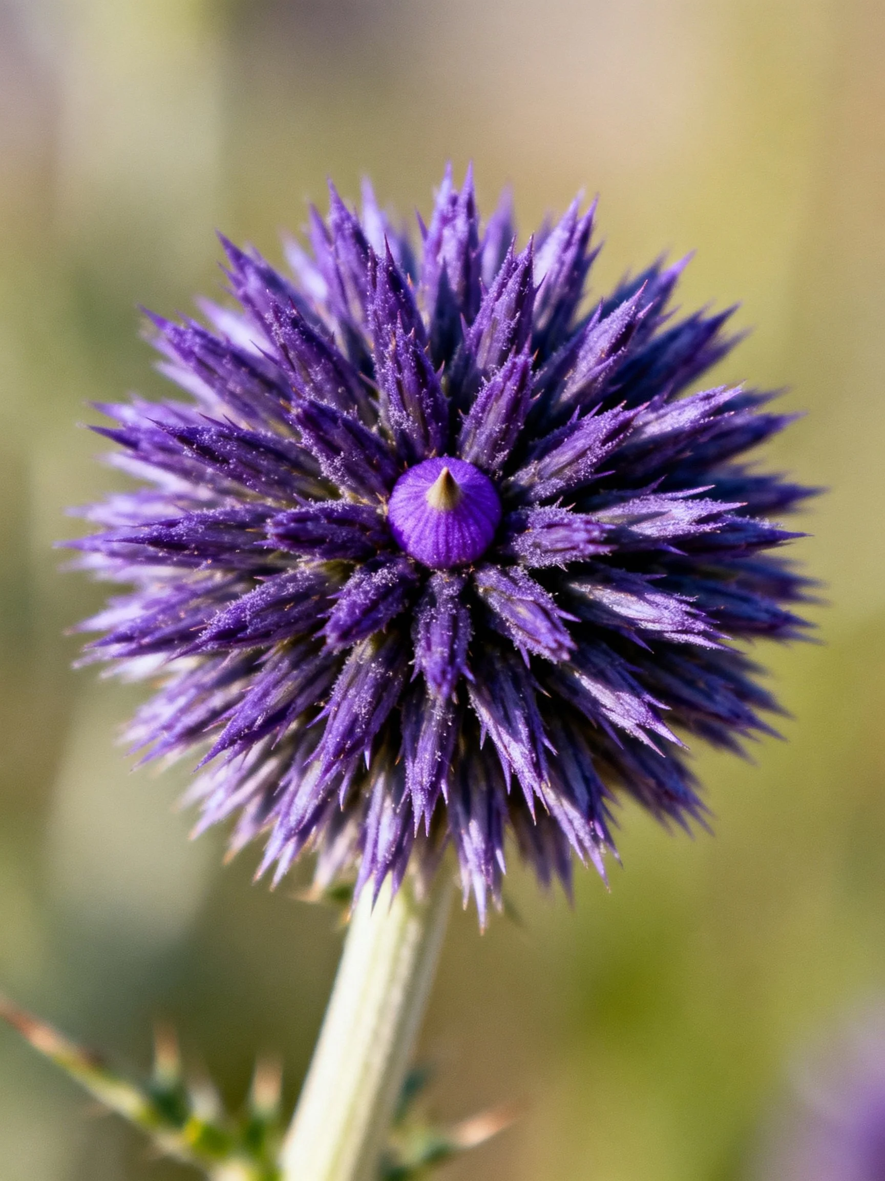 Purple spherical thistle flower with spiky petals