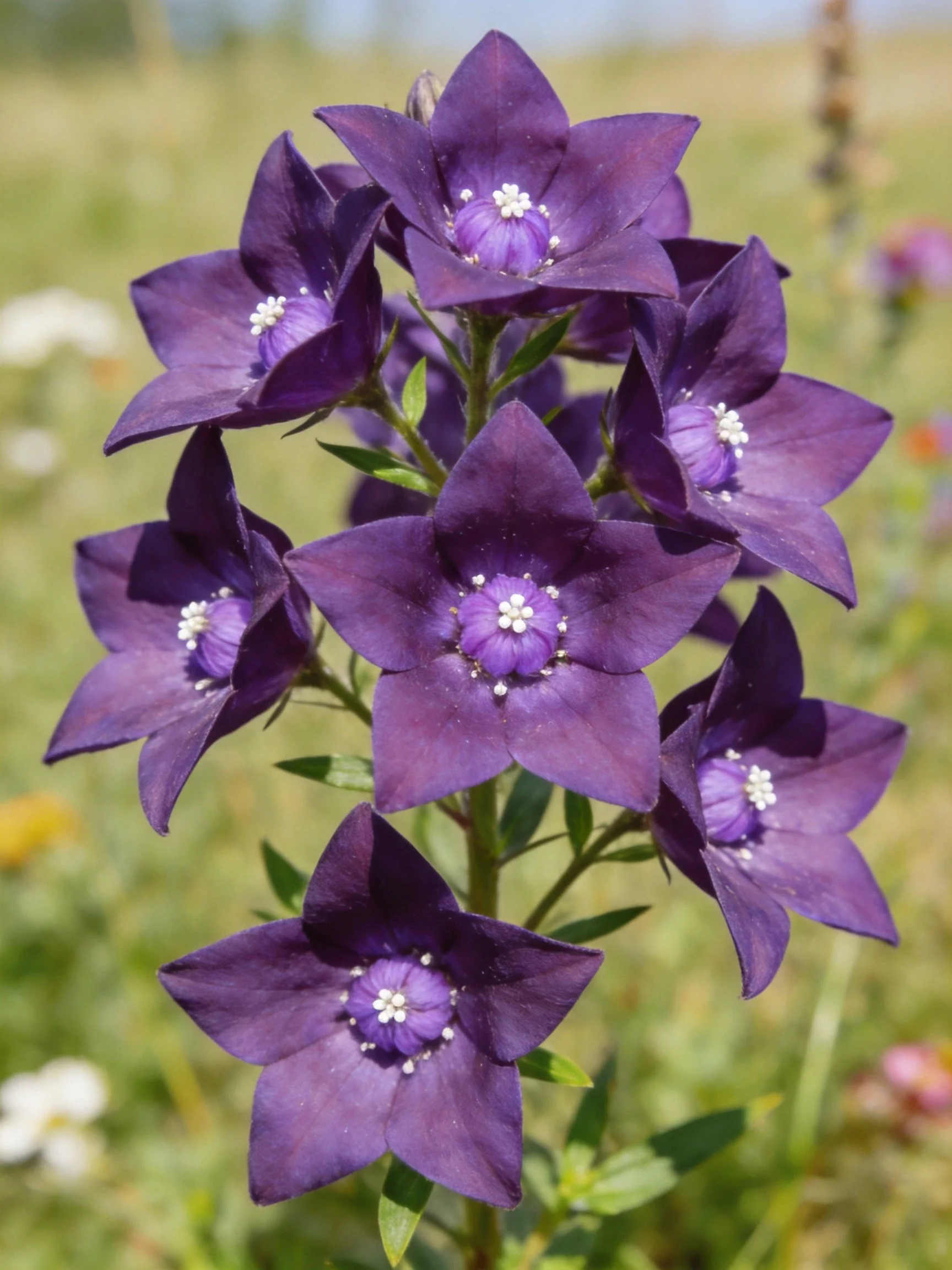 Purple star - shaped bellflowers cluster in a sunlit meadow