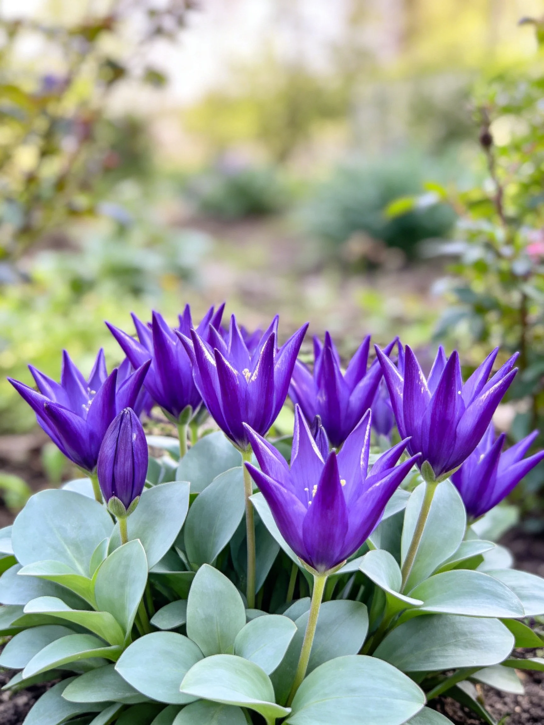 Purple star-shaped flowers cluster amid silvery-green foliage in a garden