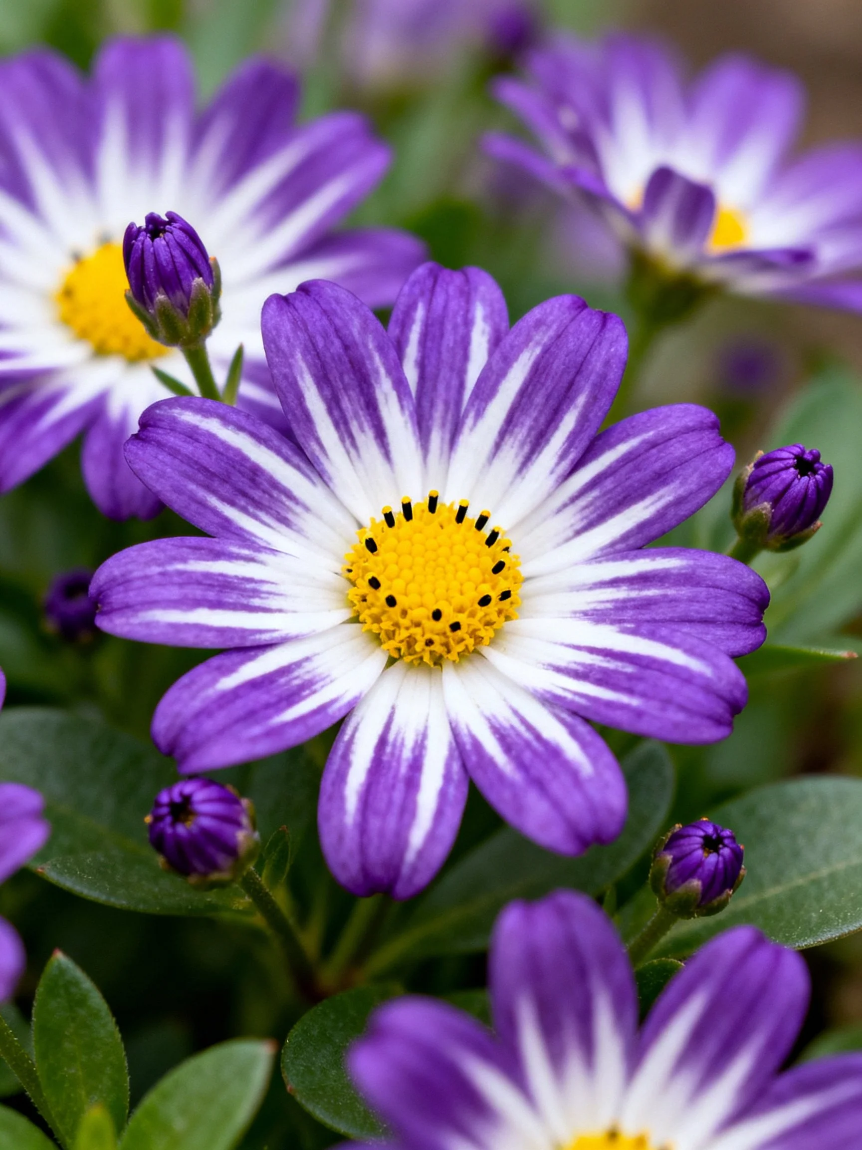 Purple striped flowers with yellow centers and green foliage