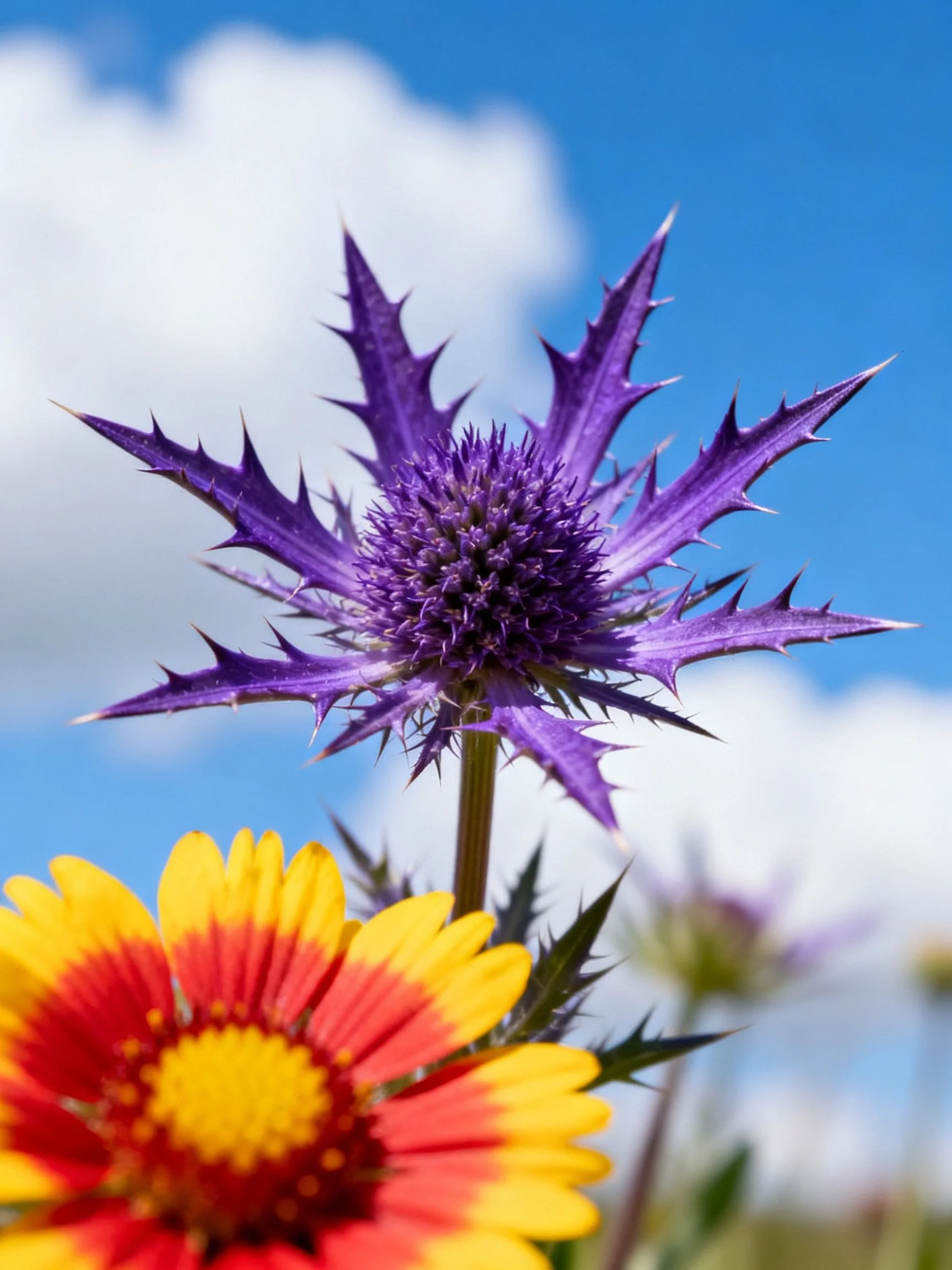 Purple thistle and red-yellow flower against bright blue sky
