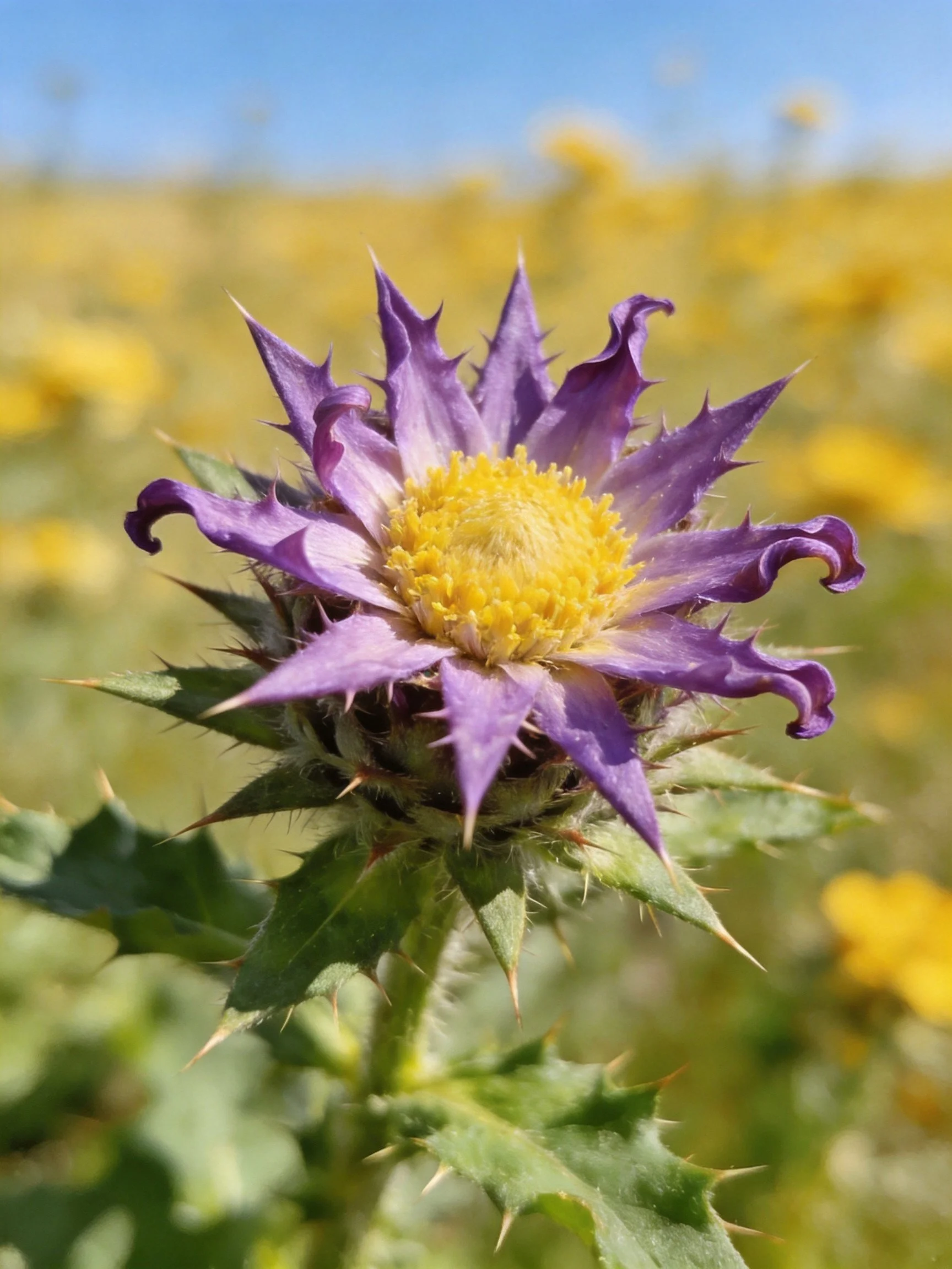Purple thistle flower with spiky petals and yellow center